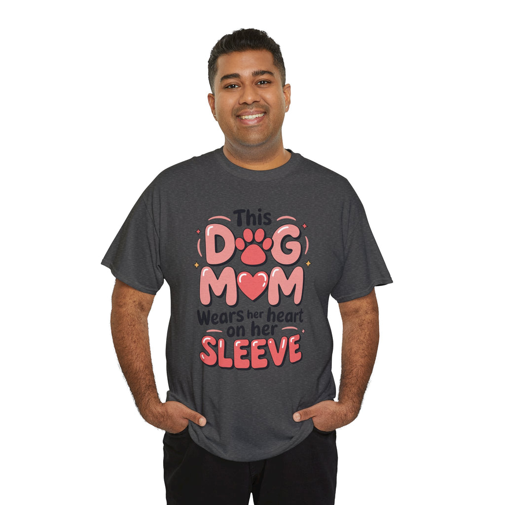 Dog Mom T-Shirt — "This Dog Mom Wears Her Heart on Her Sleeve" Paw & Heart Unisex Cotton Tee