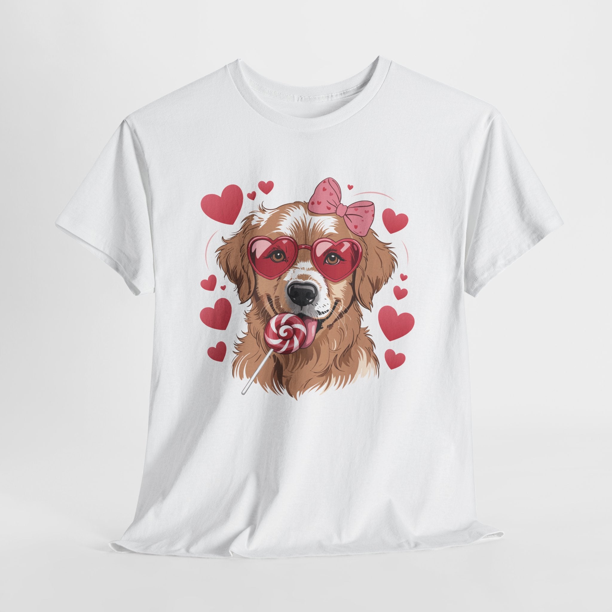 Valentine Dog T-Shirt — Cute Pup with Heart Glasses, Pink Bow & Lollipop..Unisex Cotton Tee