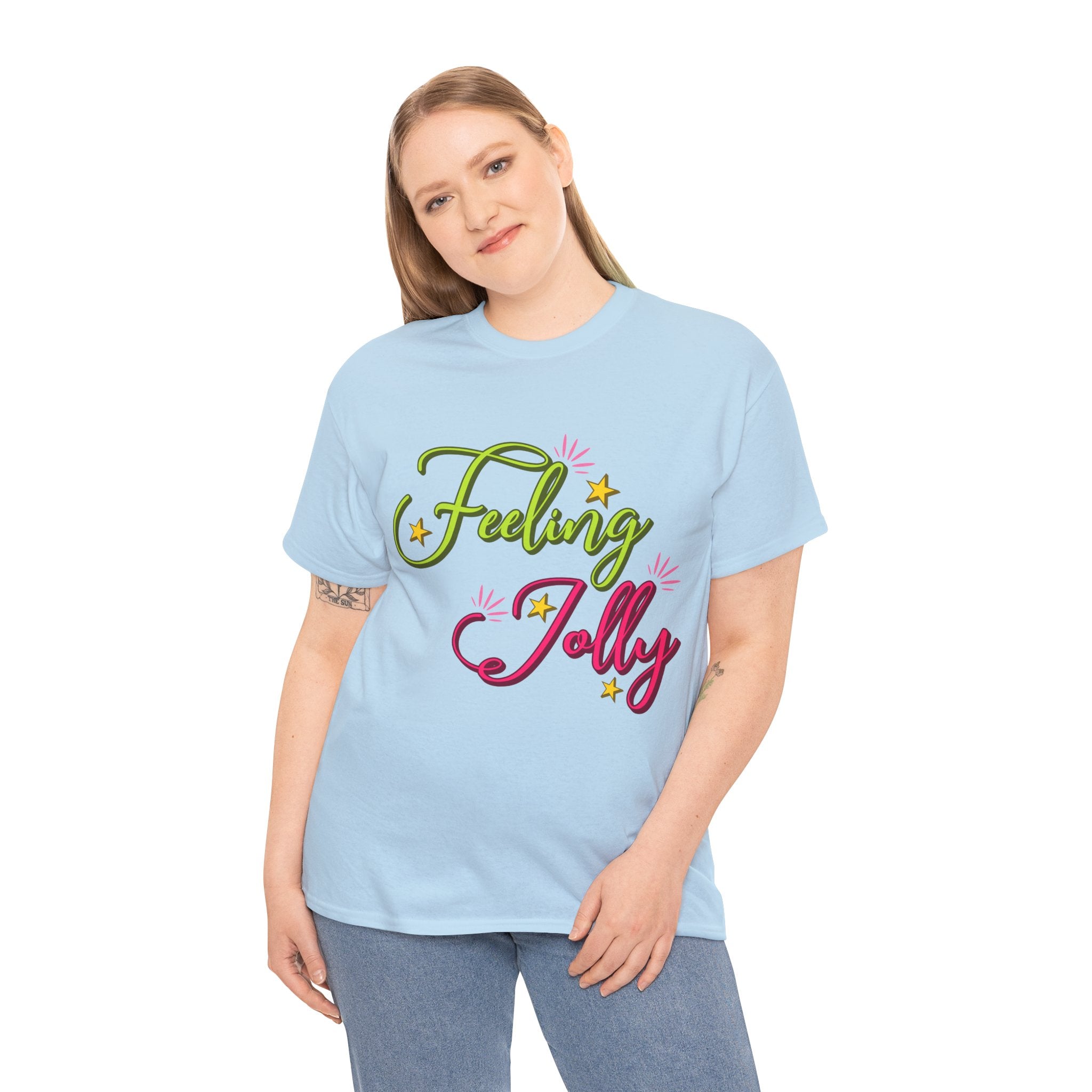 Feeling Jolly Tee — Festive Green & Pink Script with Yellow Stars Unisex Cotton Tee