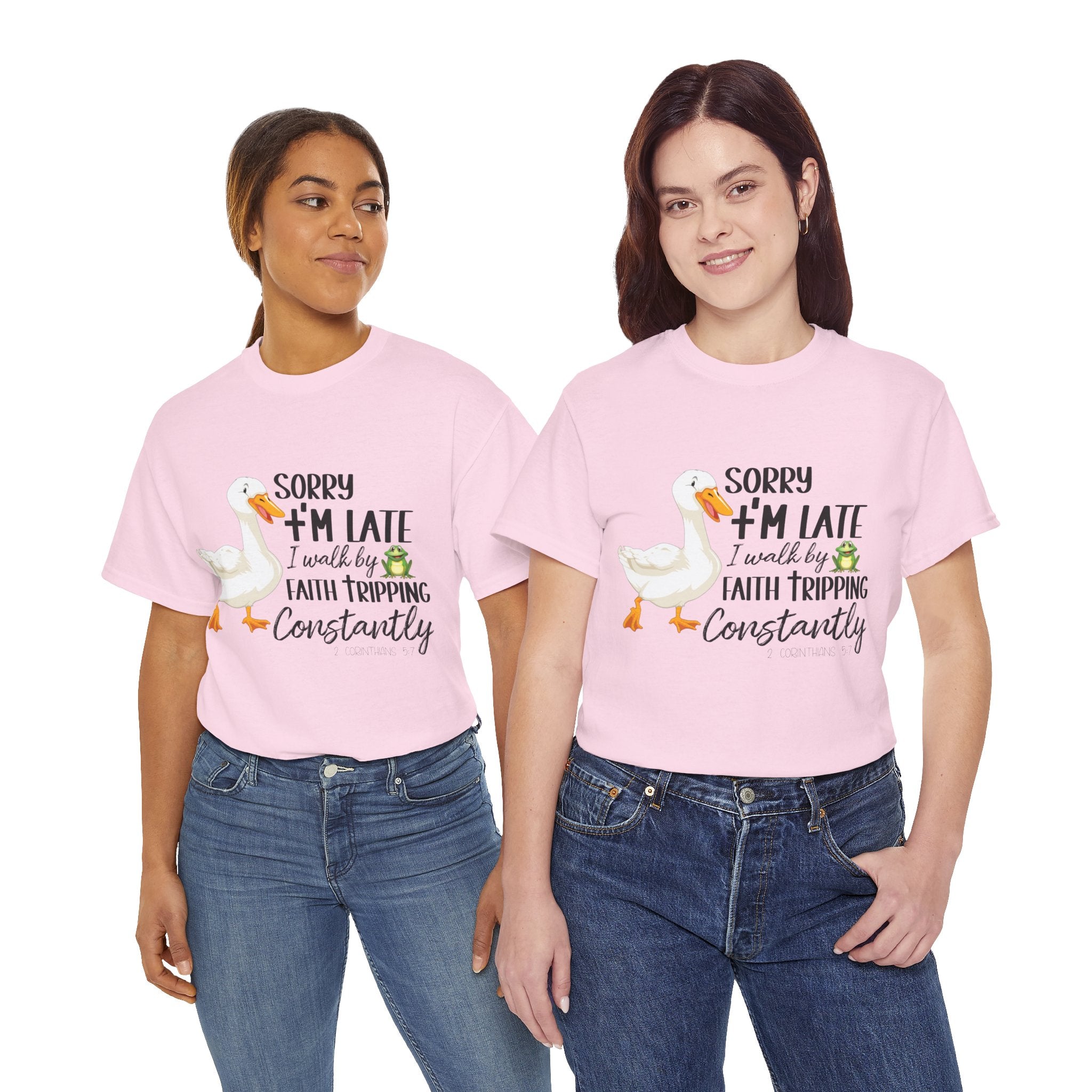Christian Humor T-Shirt — “Sorry I’m Late, I Walk by Faith Tripping Constantly” (Duck & Frog). Unisex Cotton Tee