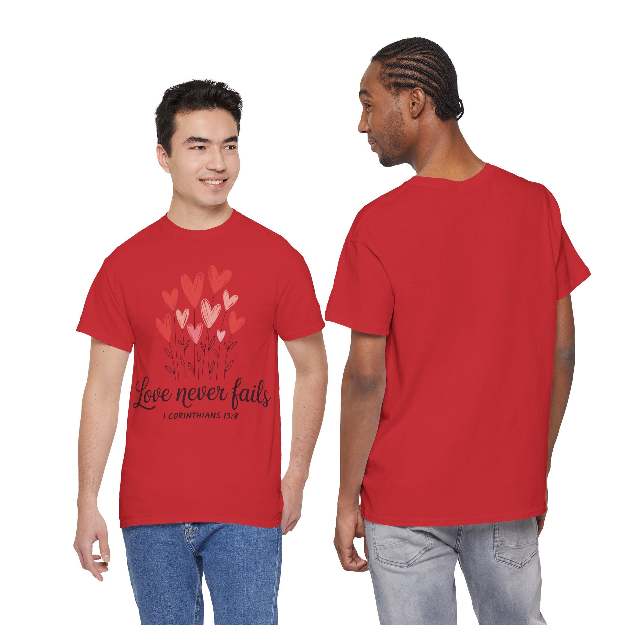 Christian Valentine T-Shirt — "Love Never Fails" (1 Corinthians 13:8) Unisex Cotton Tee