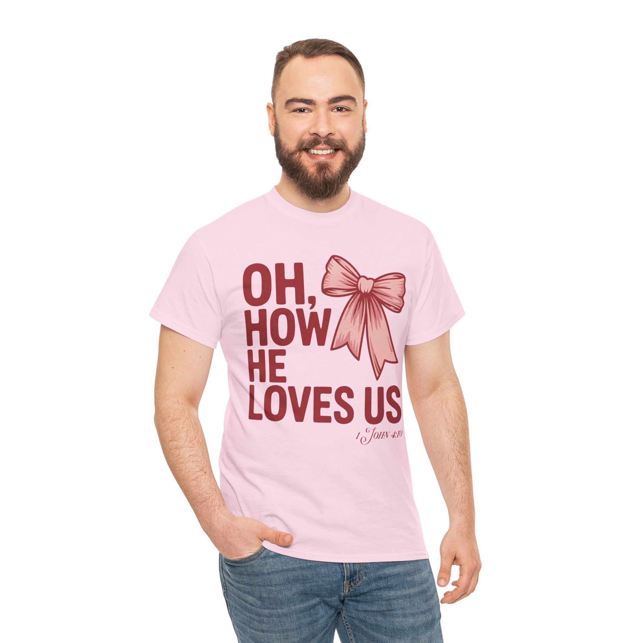 Oh, How He Loves Us Christian Valentine Tee — 1 John 4:10 Red & Pink Unisex Cotton Tee