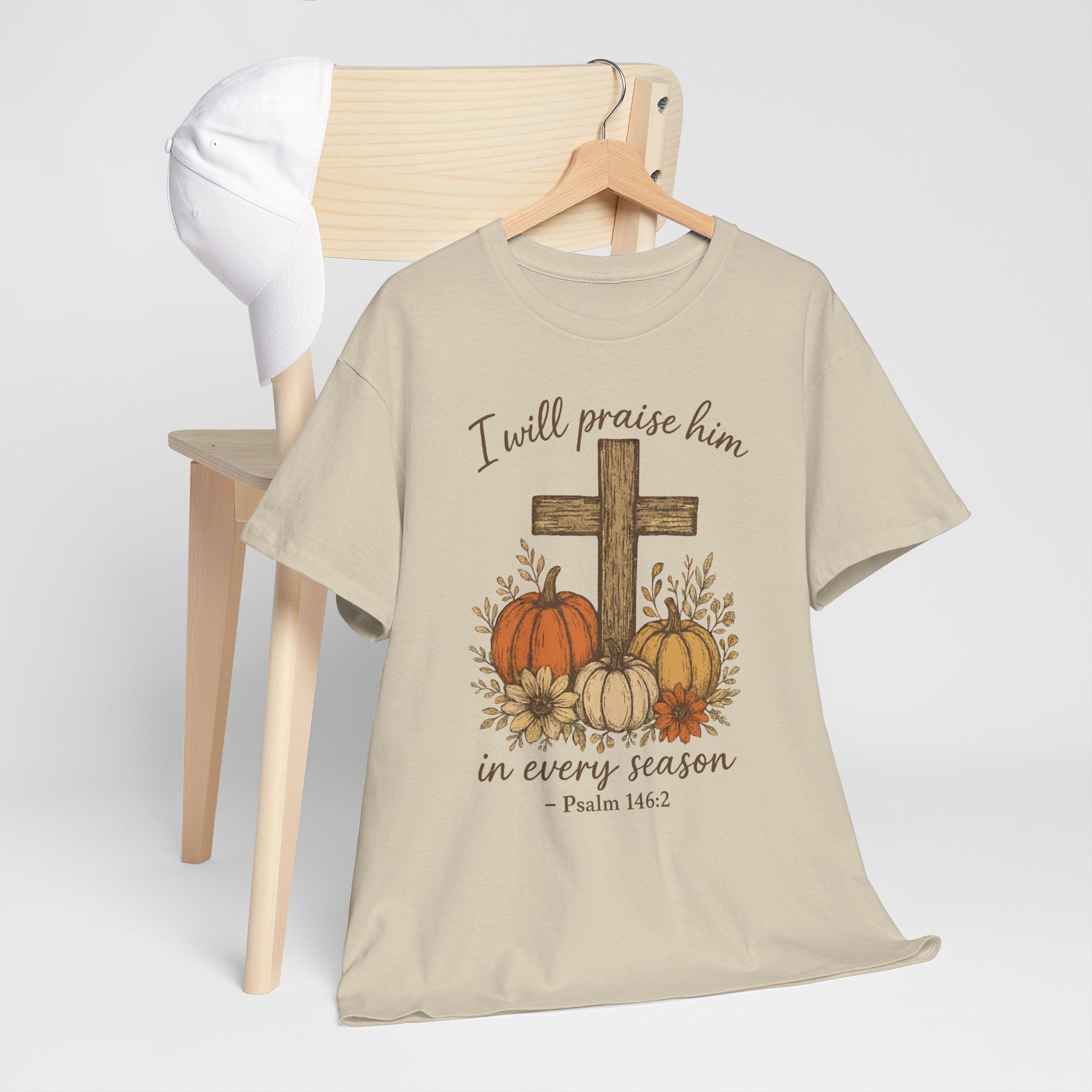 Psalm 146:2 Pumpkin Cross T-Shirt — I Will Praise Him in Every Season. Unisex Cotton Tee