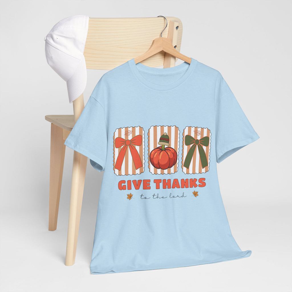 Give Thanks Thanksgiving T-Shirt — Pumpkin with Hat & Bows Unisex Cotton Tee