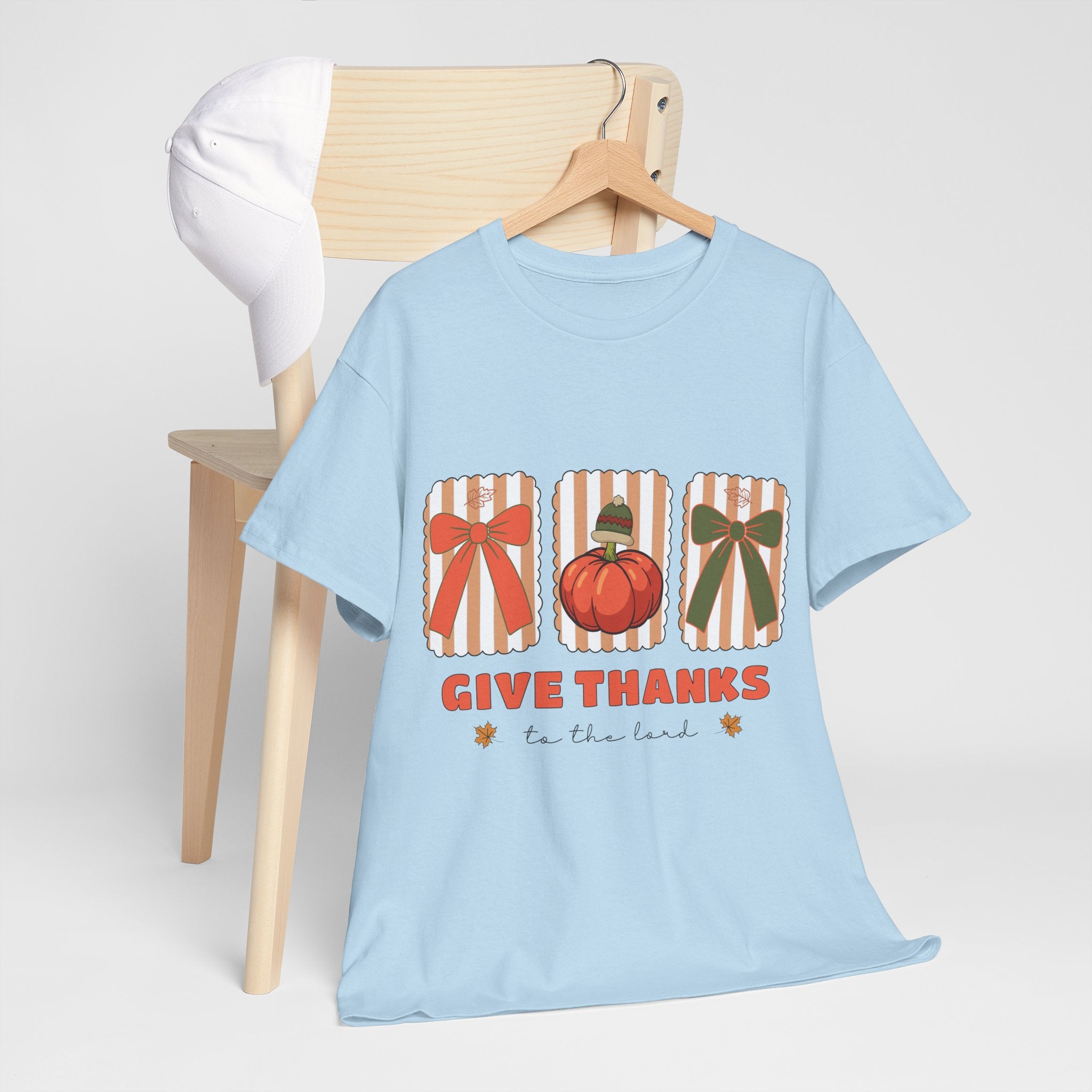 Give Thanks Thanksgiving T-Shirt — Pumpkin with Hat & Bows Unisex Cotton Tee