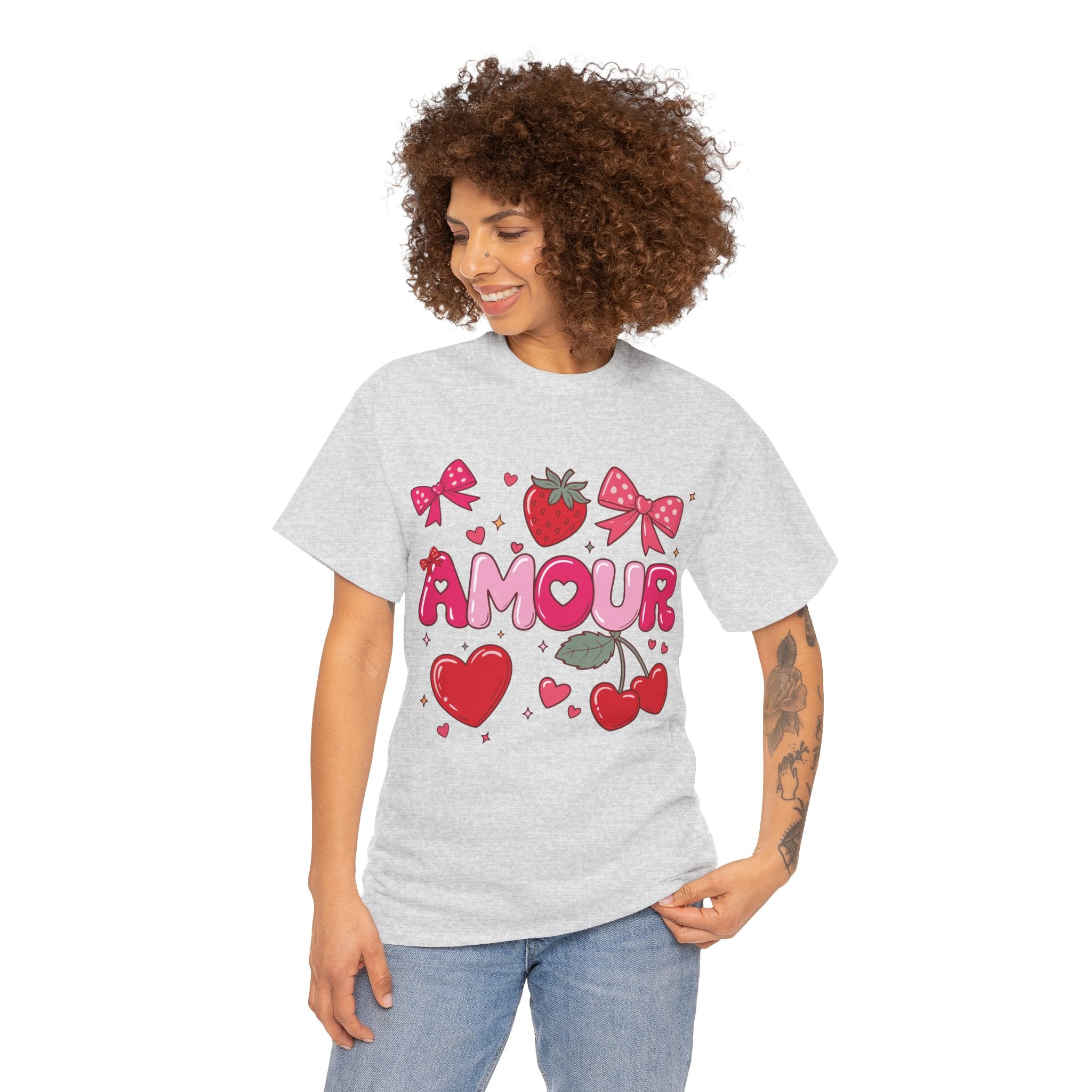 Amour Pink Hearts Tee — Shiny Lettering with Bows, Cherries & Strawberry Accent...Unisex Cotton Tee