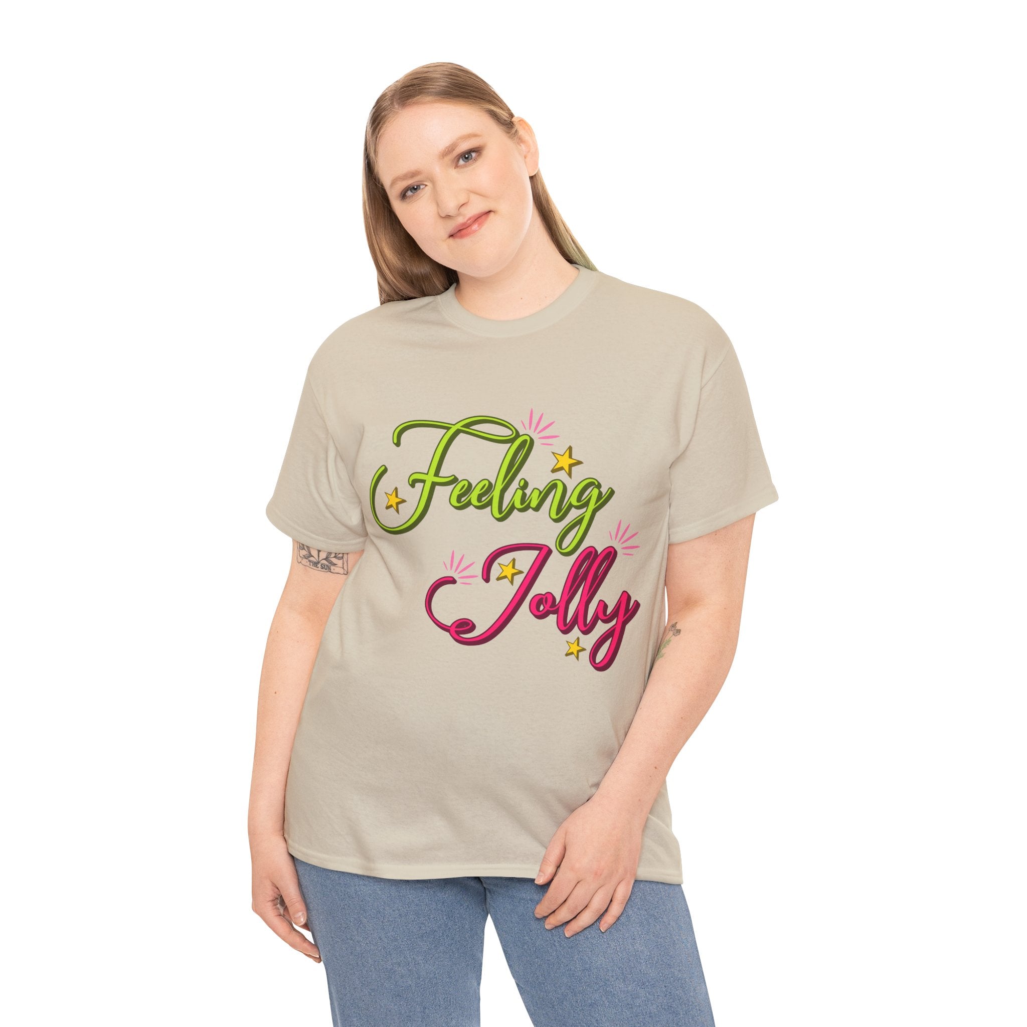 Feeling Jolly Tee — Festive Green & Pink Script with Yellow Stars Unisex Cotton Tee