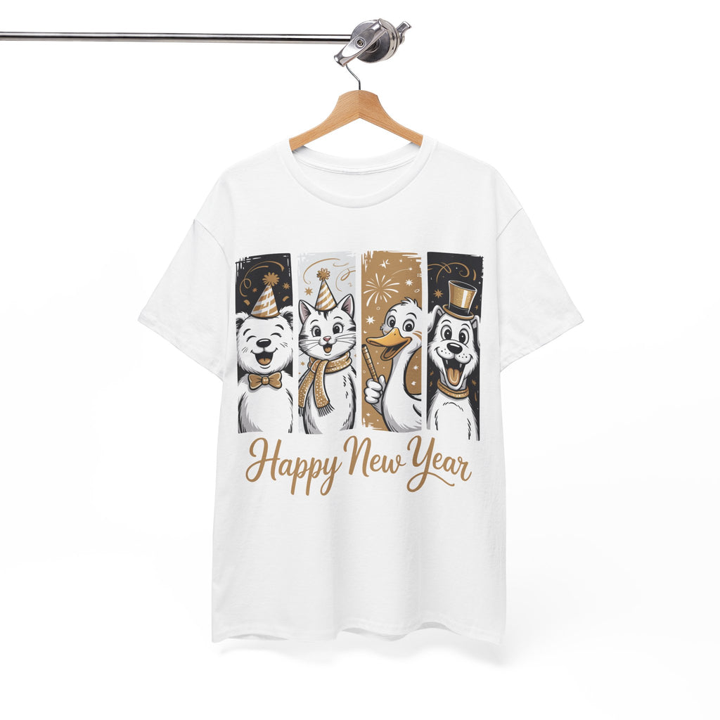 Happy New Year Party Animals T-Shirt — Cute Smiling Animals in Party Hats & Gold Fireworks..Unisex Cotton Tee