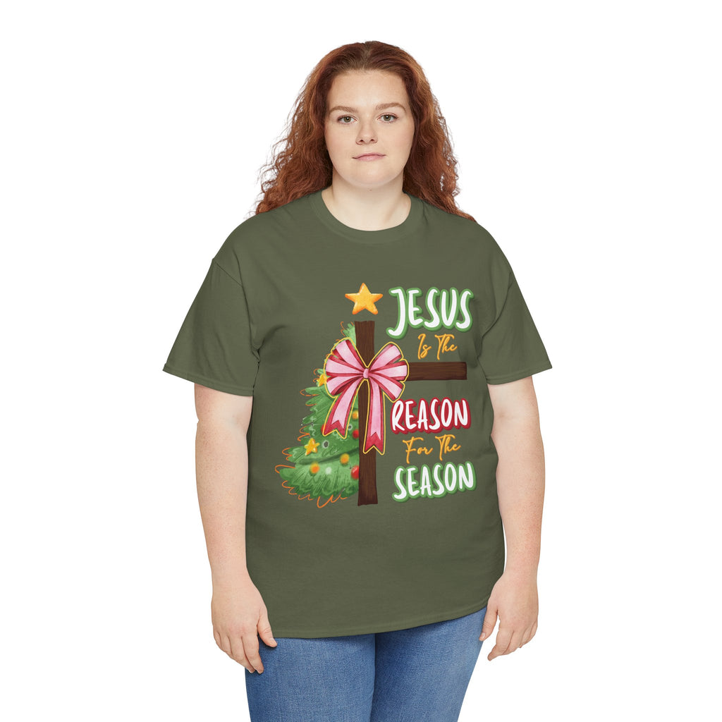 Jesus Is the Reason for the Season Christmas Tee — Cross with Pink Bow & Tree. Unisex Cotton Tee