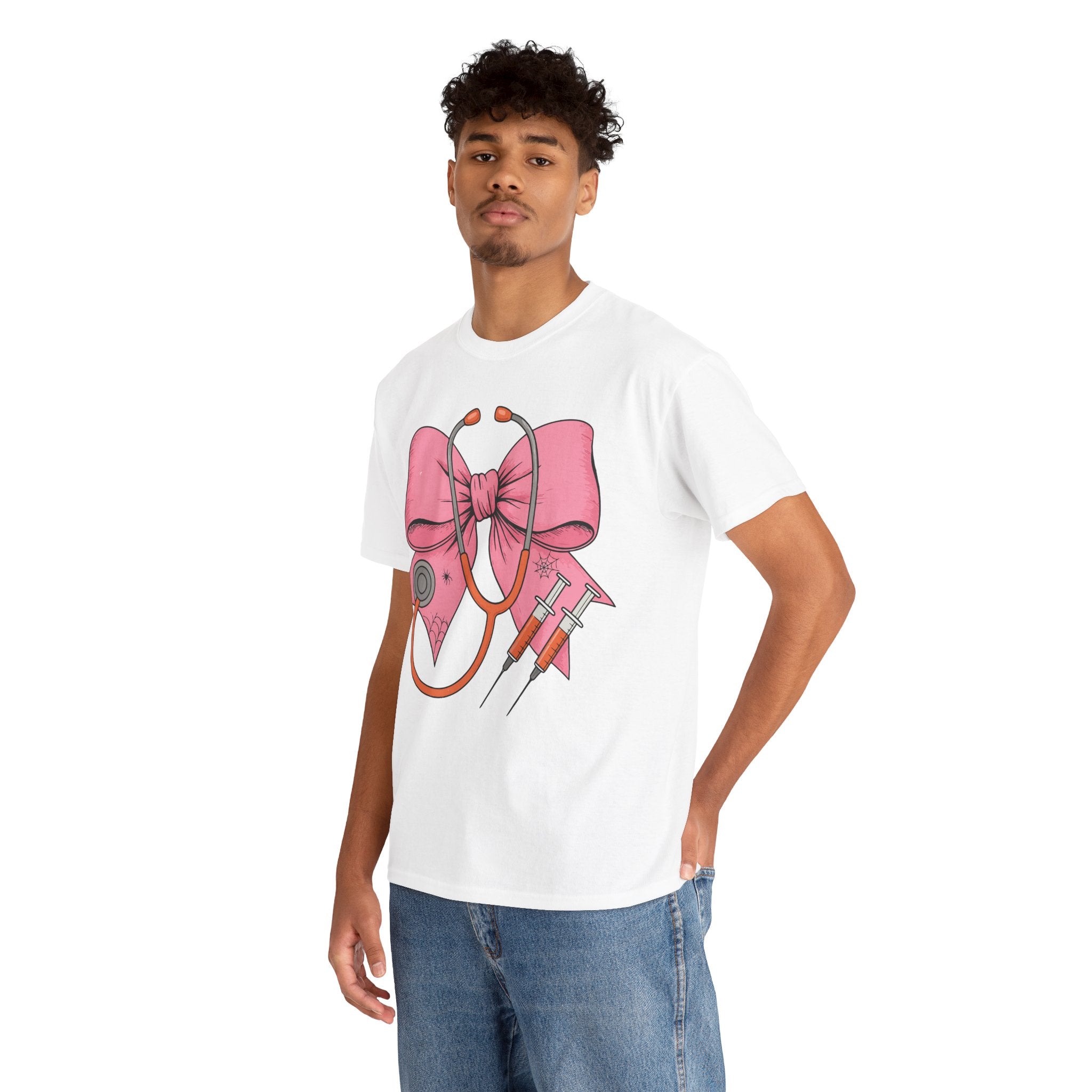 Halloween Nurse T‑Shirt — Pink Nurse Bow with Stethoscope, Syringes & Spider Webs..Unisex Cotton Tee