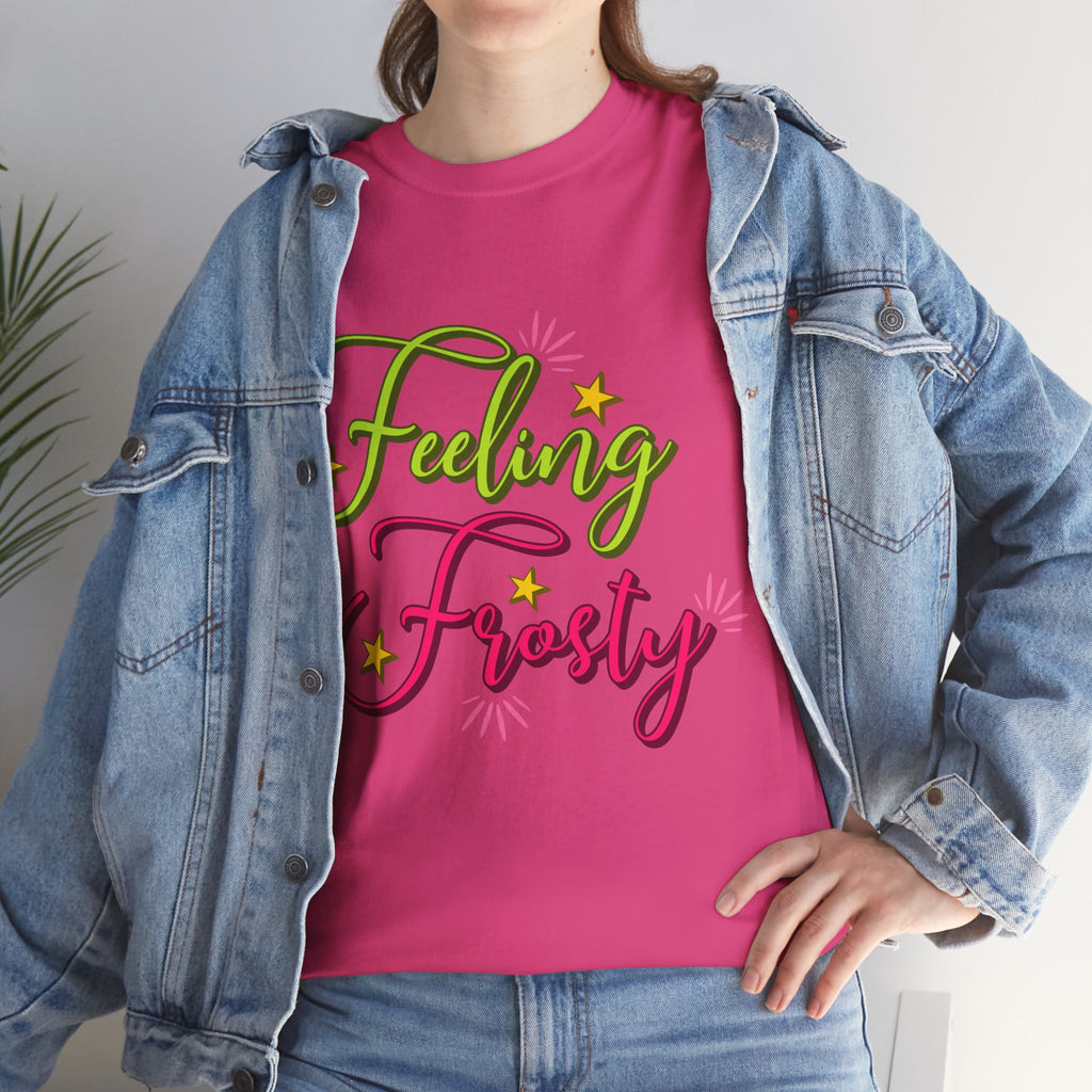 Feeling Frosty Holiday T-Shirt — Green & Pink Script Stars.Unisex Cotton Tee