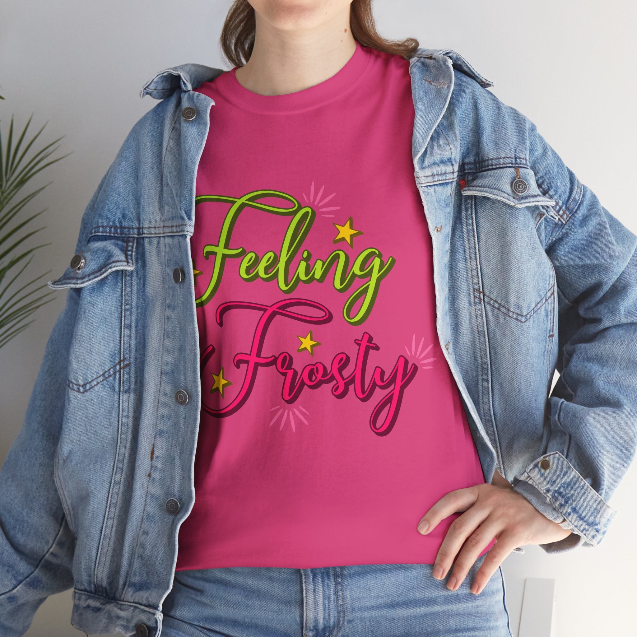 Feeling Frosty Holiday T-Shirt — Green & Pink Script Stars.Unisex Cotton Tee