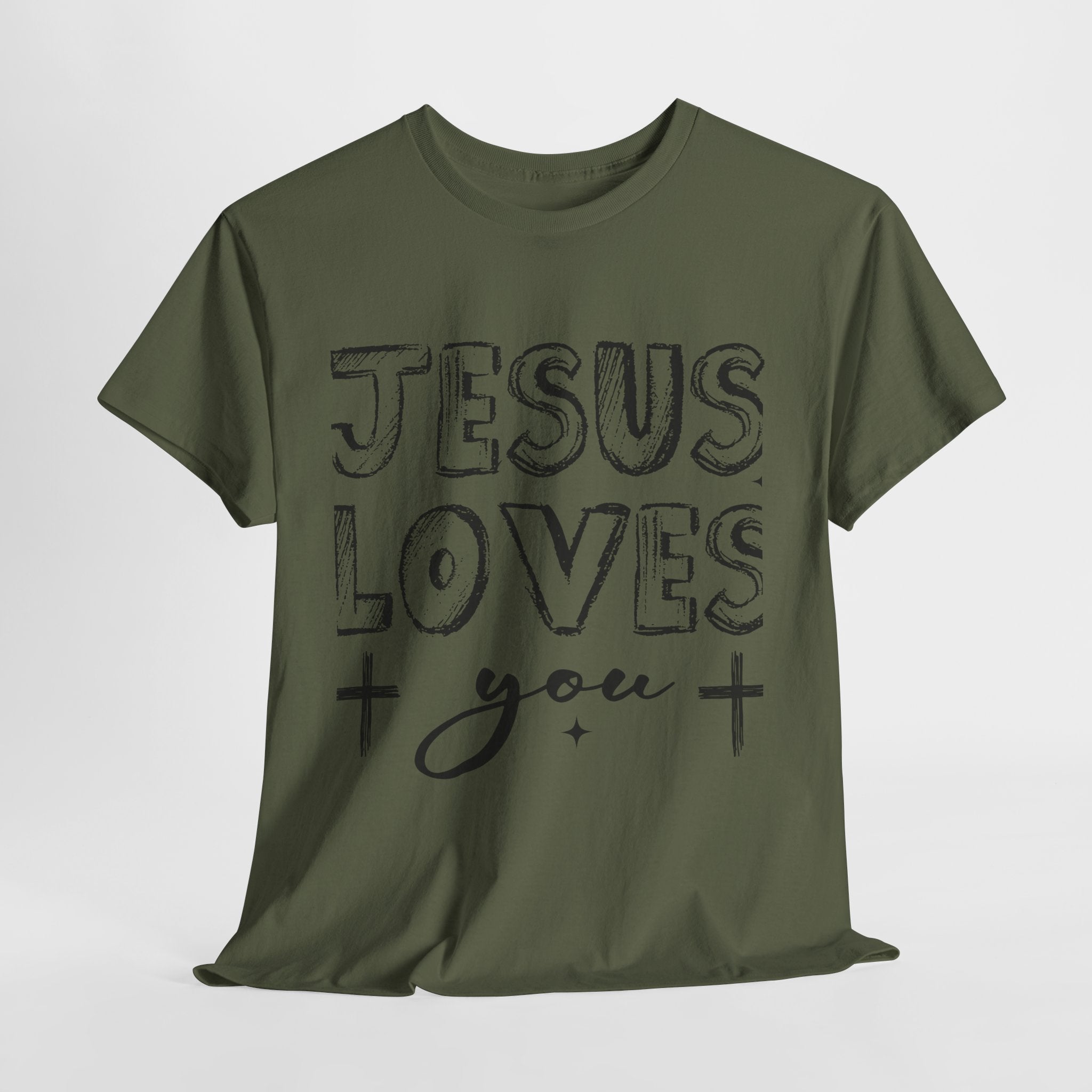 Jesus Loves You Chalk-Style Tee — Crosses & Stars Christian UNisex Cotton T-Shirt
