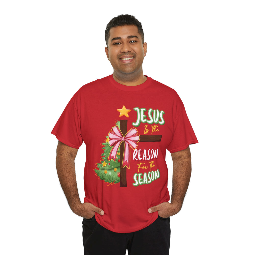 Jesus Is the Reason for the Season Christmas Tee — Cross with Pink Bow & Tree. Unisex Cotton Tee