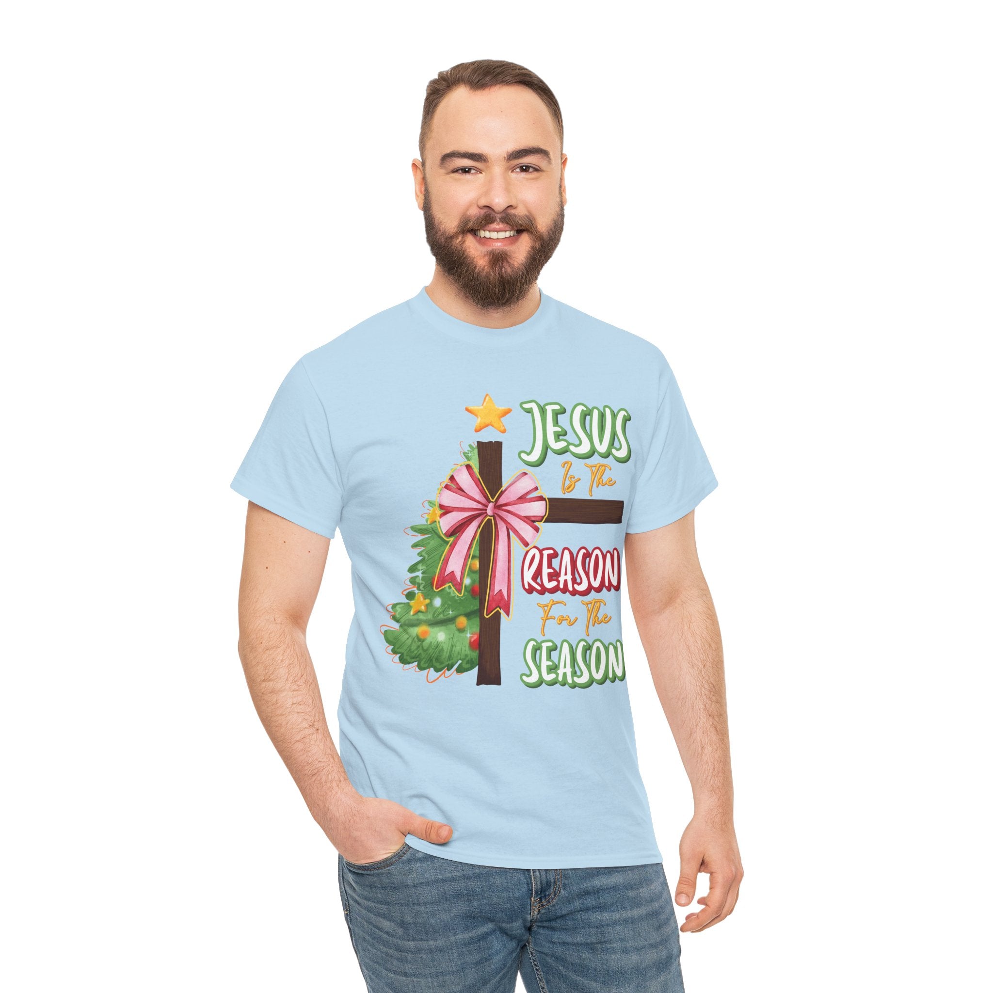 Jesus Is the Reason for the Season Christmas Tee — Cross with Pink Bow & Tree. Unisex Cotton Tee