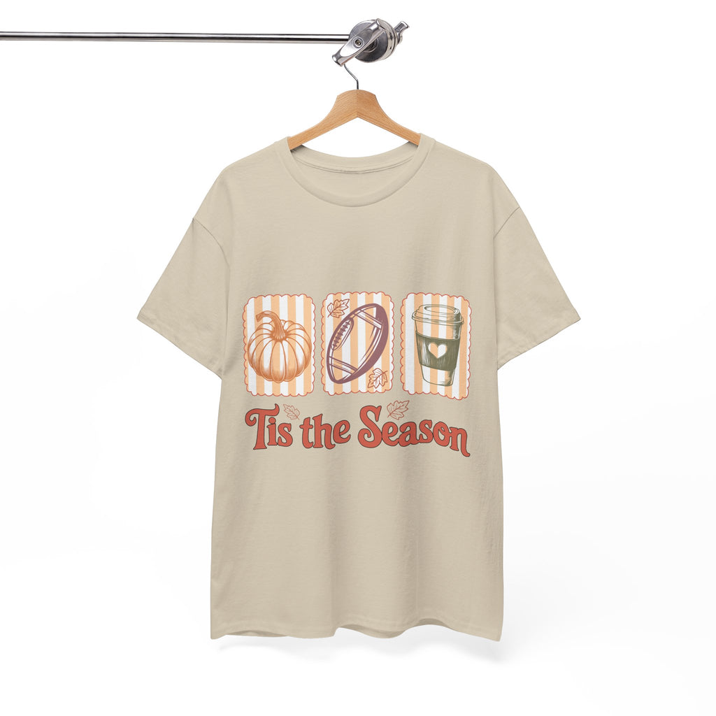 Tis the Season Pumpkin, Football & Coffee Fall Unisex Cotton T-Shirt