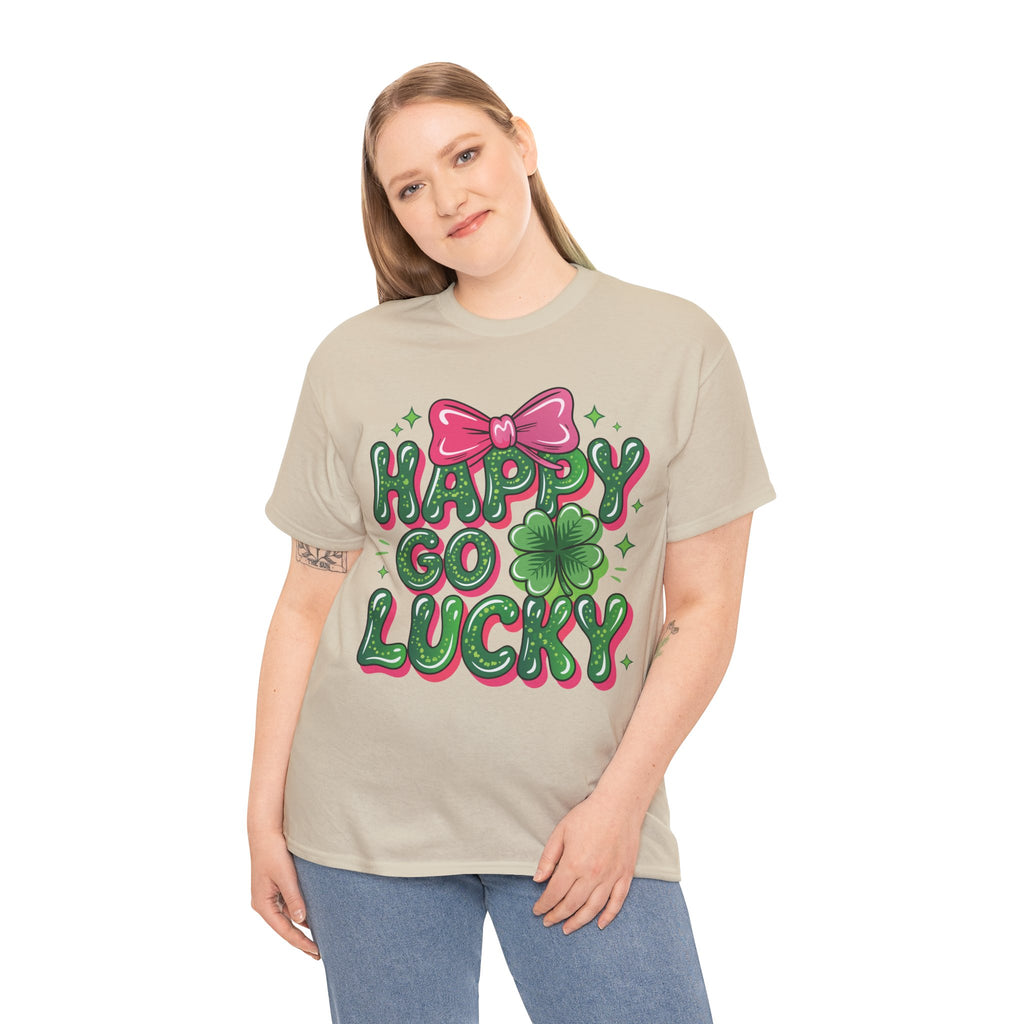 Happy Go Lucky Four-Leaf Clover Tee — Glossy Green Letters & Pink Bow Unisex Cotton Tee
