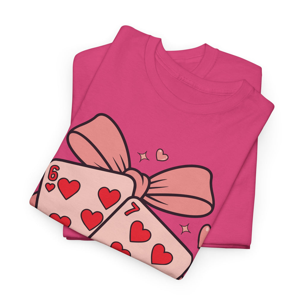 6 & 7 of Hearts T-Shirt — Paired Playing Cards with Pink Bow Unisex Cotton Tee
