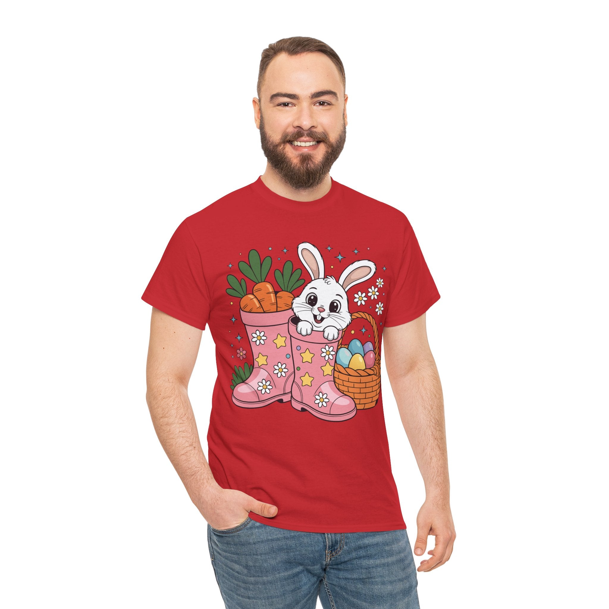 Easter Bunny in Pink Rain Boots T-Shirt — Cartoon Bunny, Carrots & Colorful Eggs Unisex Cotton Tee