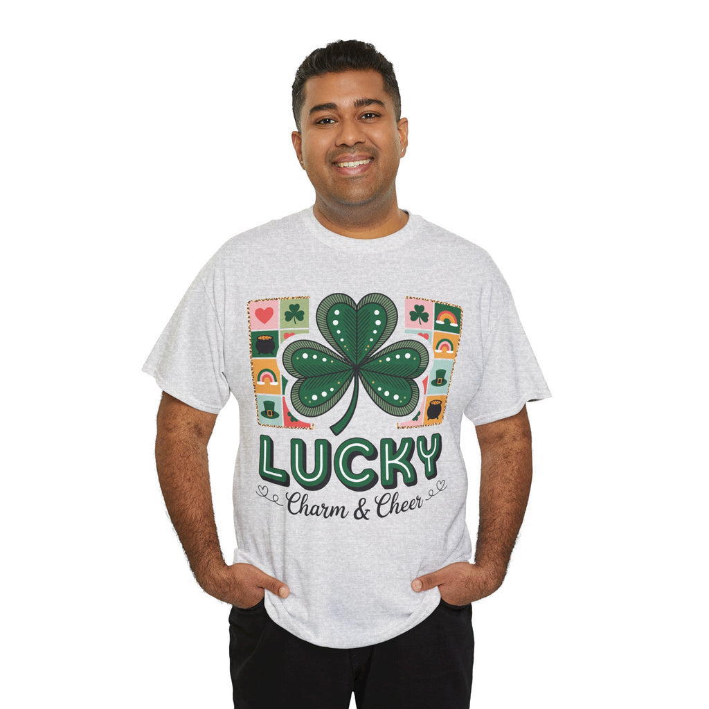 Lucky Charm & Cheer Clover Tee — Patchwork St. Patrick’s Day Unisex Cotton T-Shirt