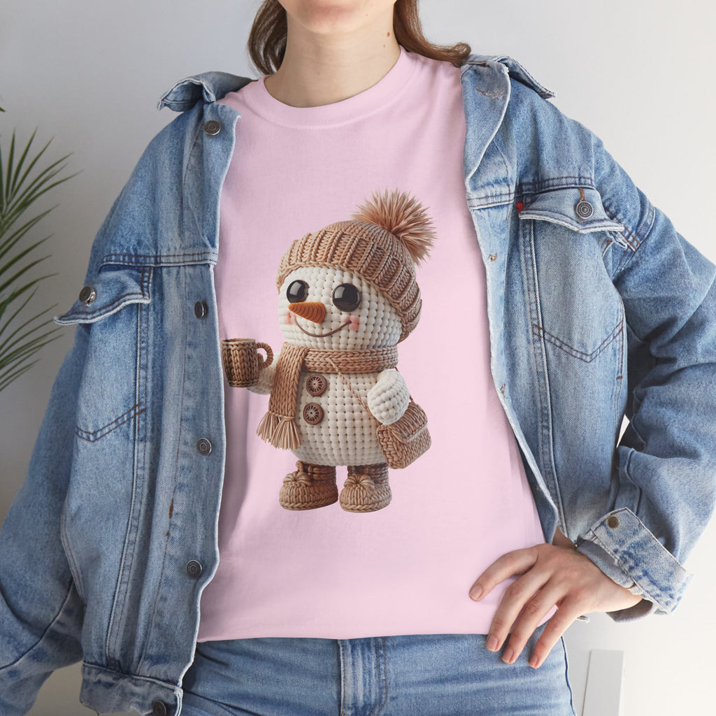 Cozy Snowman Tee — Smiling Snowman with Mug, Scarf & Beanie. Unisex Cotton Tee