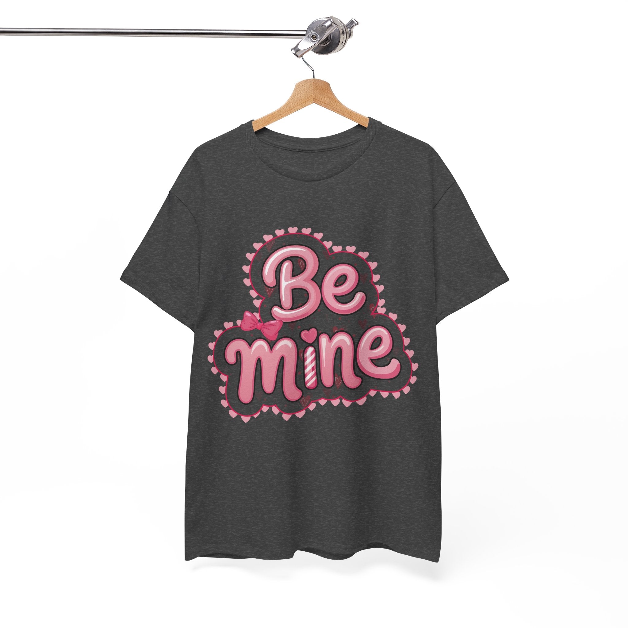Be Mine Valentine T-Shirt — Pink Bubble Letters with Hearts & Bow..Unisex Cotton Tee