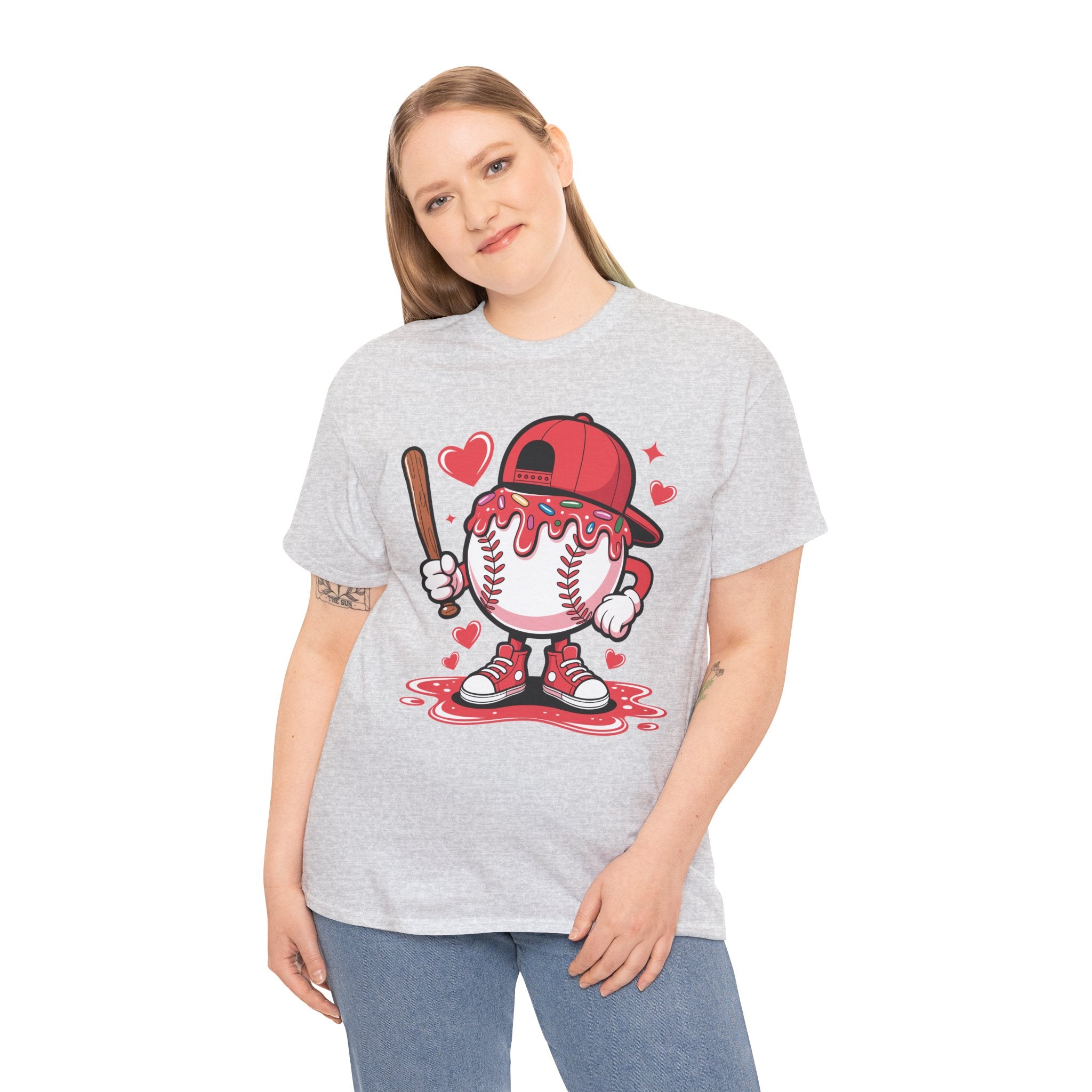 Cute Baseball Character T-Shirt — Red Cap & Icing Top Graphic with Hearts Unisex Cotton Tee
