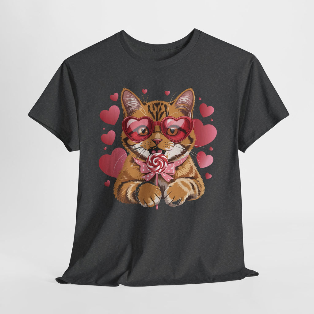 Valentine Cat Tee — Heart Glasses, Lollipop Bow Unisex Cotton Tee