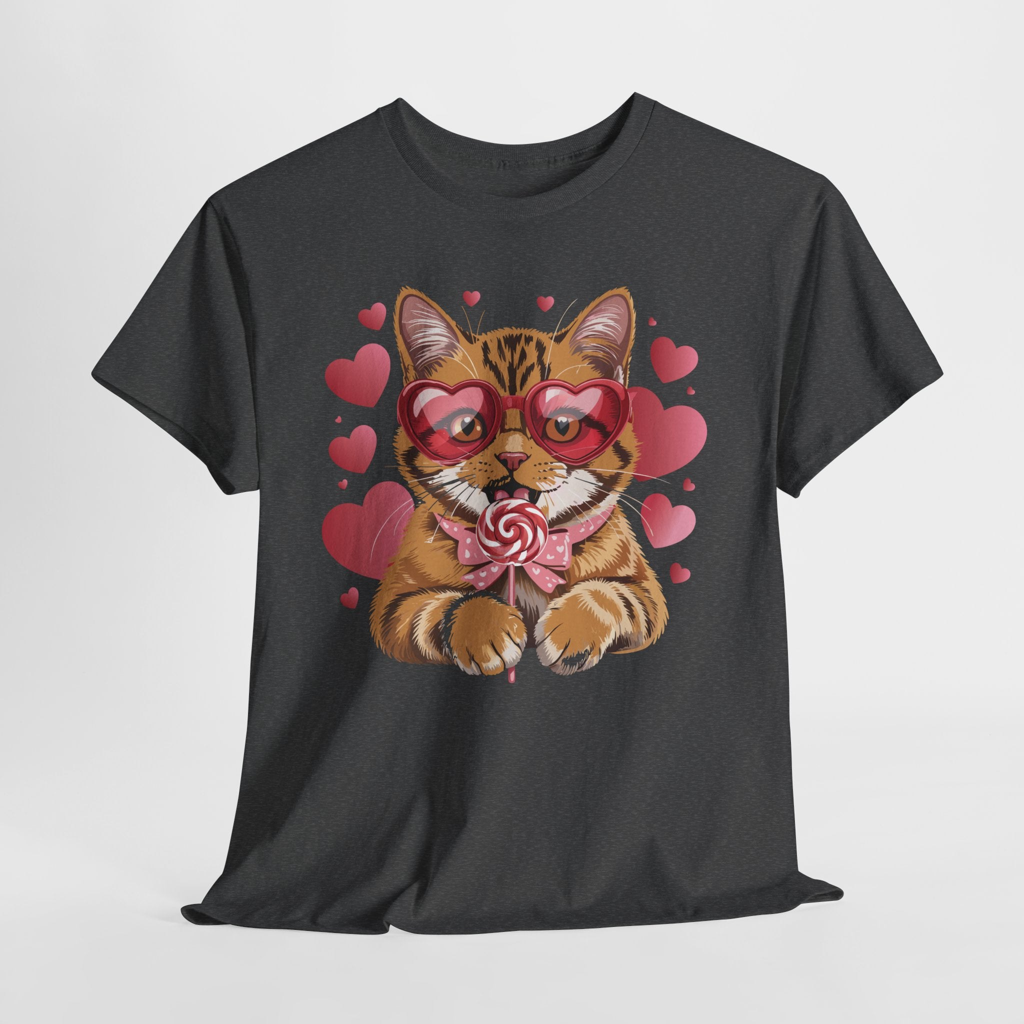 Valentine Cat Tee — Heart Glasses, Lollipop Bow Unisex Cotton Tee