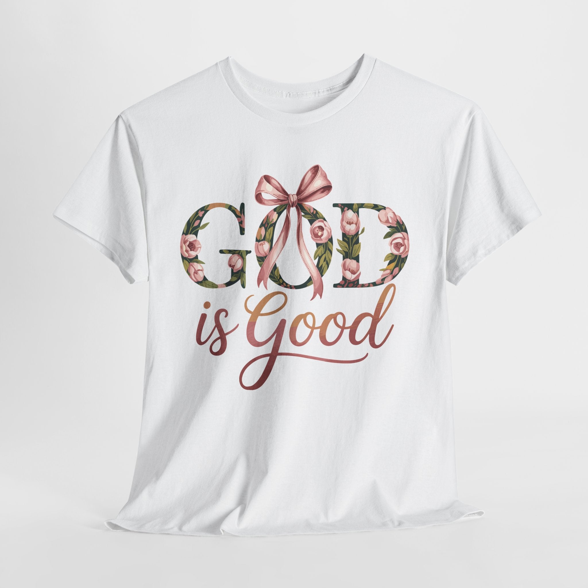 God Is Good Pink Rose Tee — Floral Ribbon Faith Unisex Cotton T-Shirt