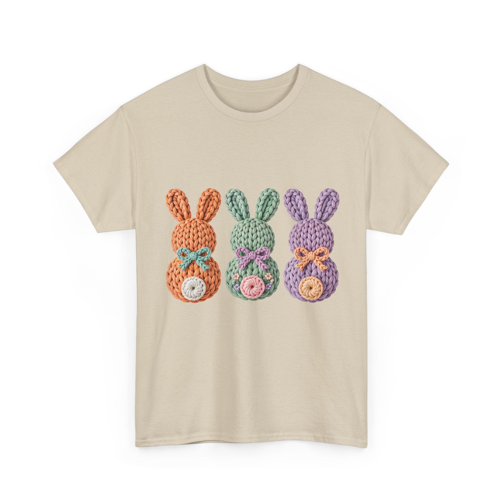 Pastel Crochet Bunny Tee — Trio of Faux Knit Bunnies with Bows & Flowers Unisex Cotton Tee