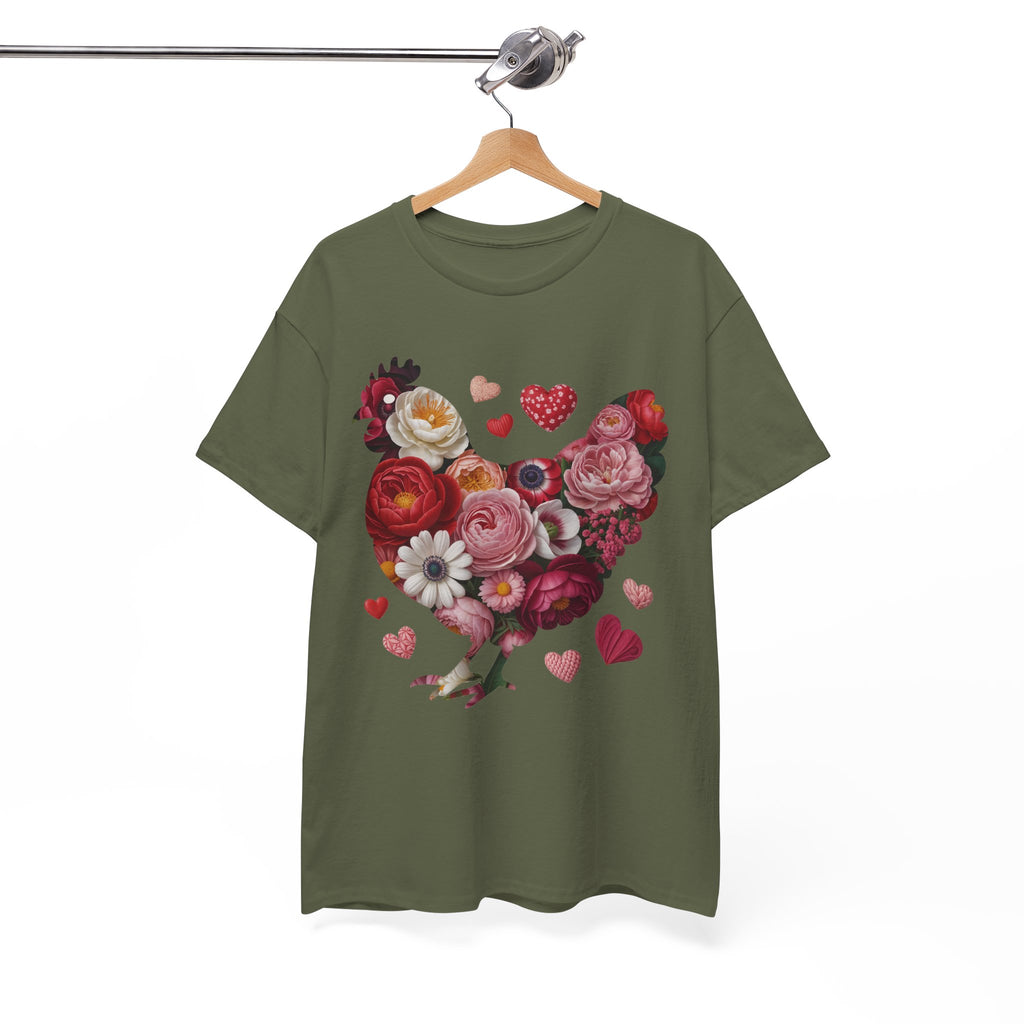 Floral Chicken Heart Tee — Red & Pink Flower Silhouette Unisex Cotton Tee