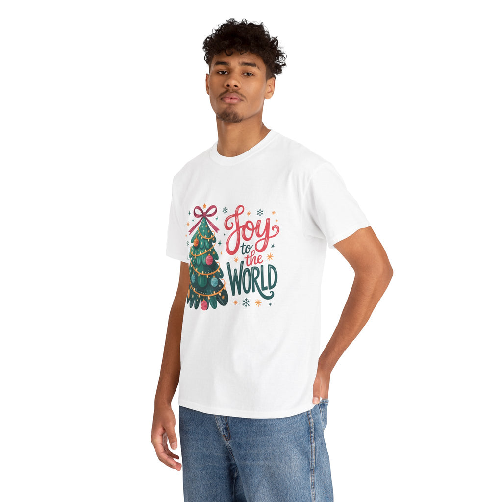 Joy to the World Christmas Tee — Festive Tree with Pink Bow..Unisex Cotton Tee