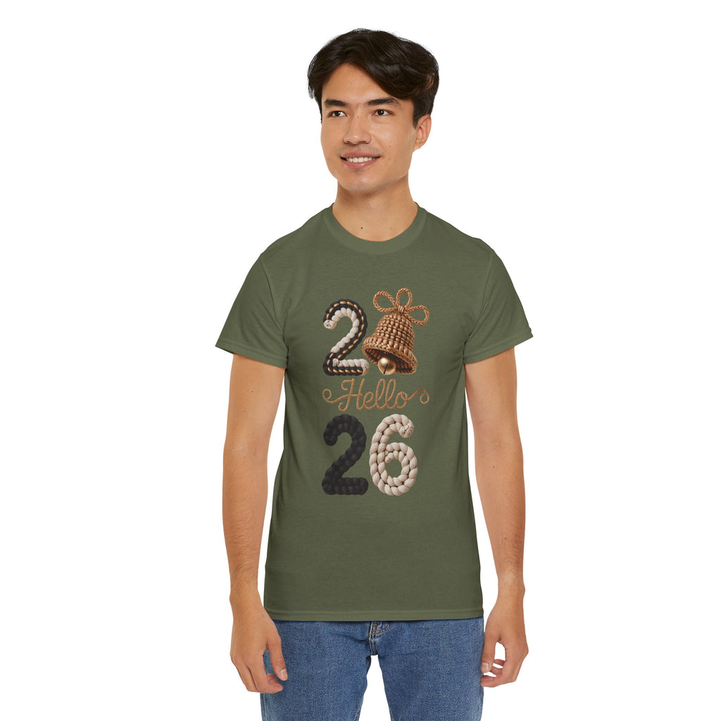 Hello 2026 Tee — Cozy Faux Yarn Braided Numbers with Woven Golden Bell..Unisex Cotton Tee