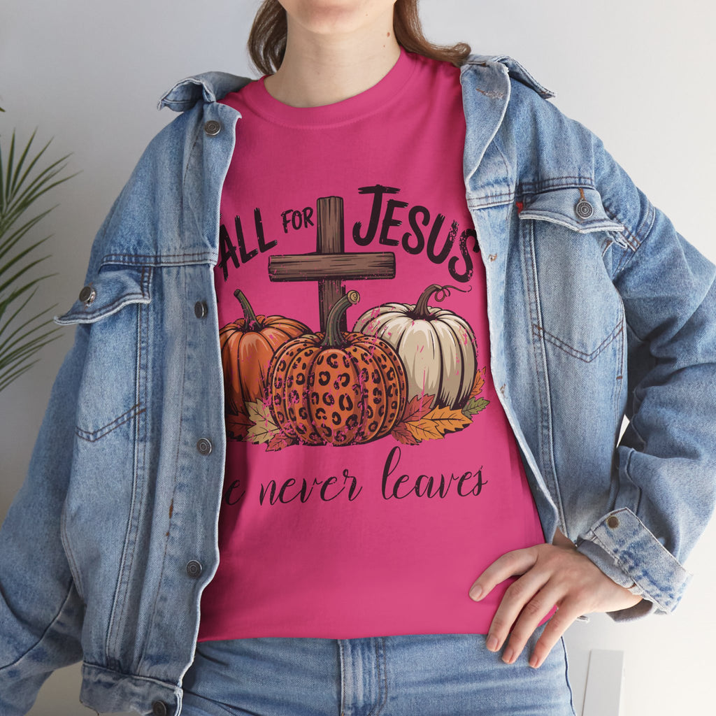 Fall for Jesus Pumpkin Cross Tee — "He Never Leaves" Autumn Christian Unisex Cotton T-Shirt