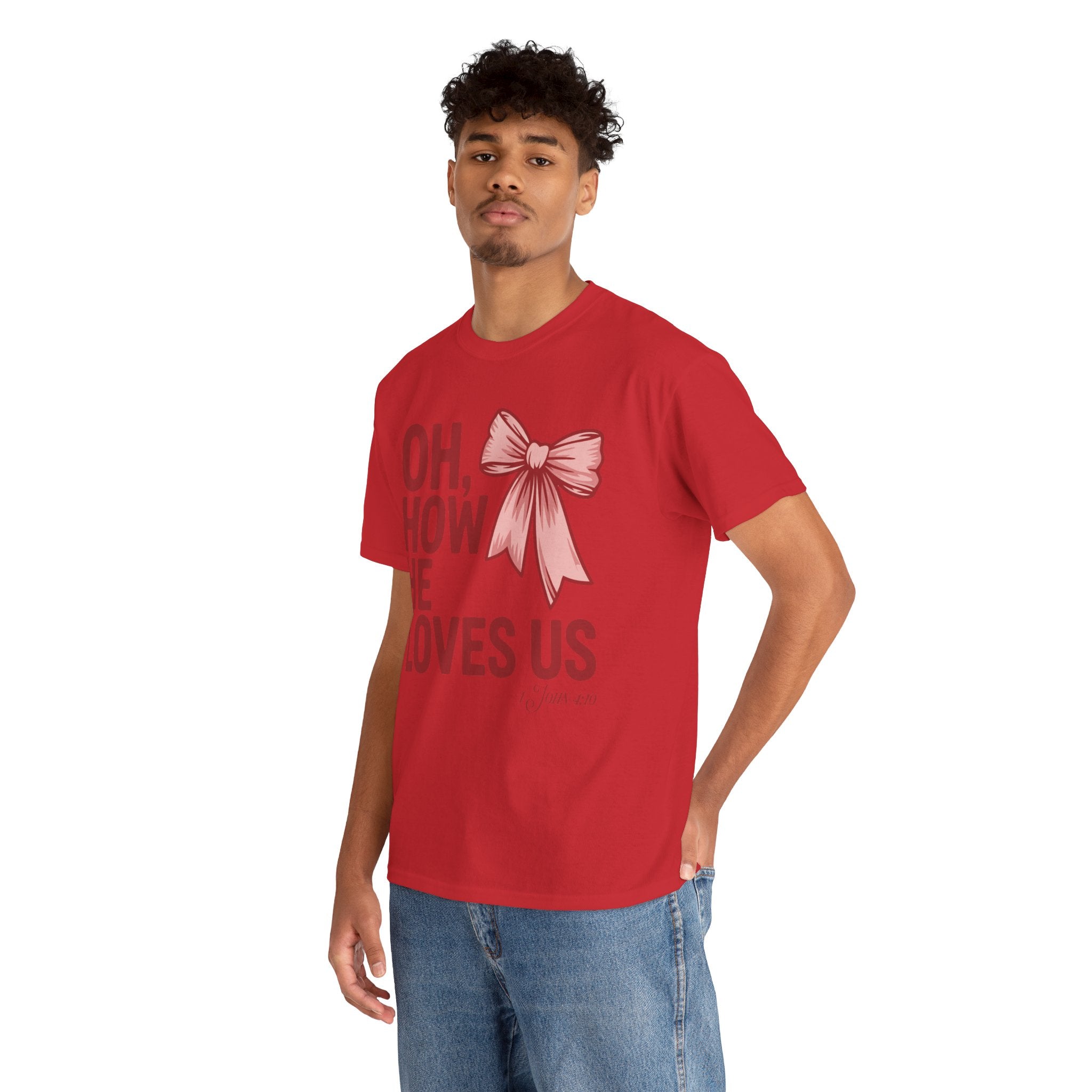 Oh, How He Loves Us Christian Valentine Tee — 1 John 4:10 Red & Pink Unisex Cotton Tee