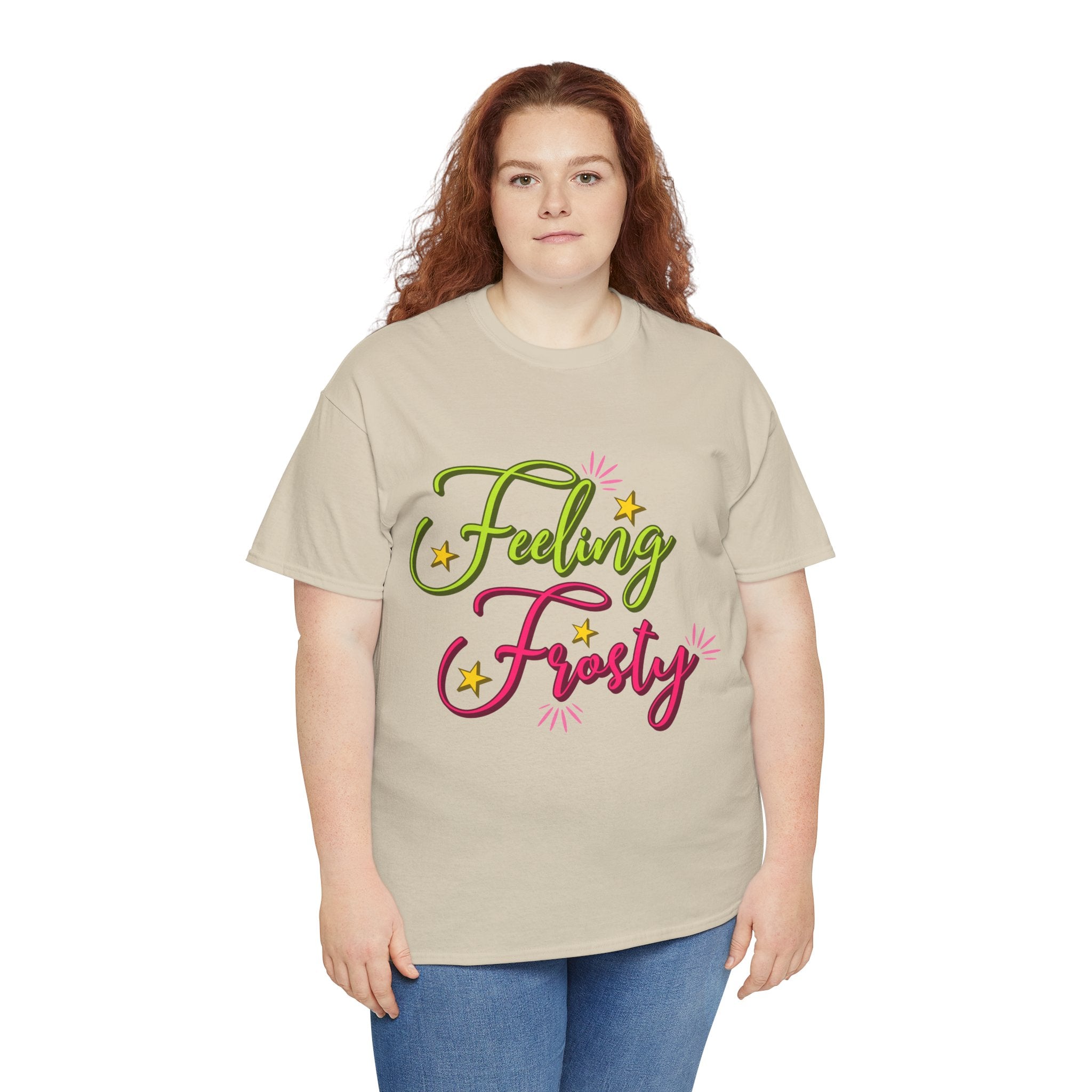 Feeling Frosty Holiday T-Shirt — Green & Pink Script Stars.Unisex Cotton Tee