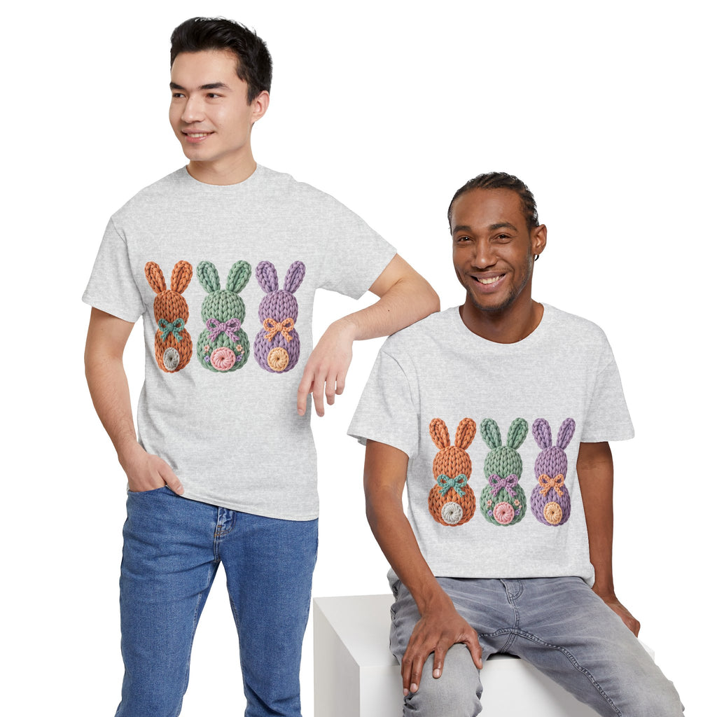 Pastel Crochet Bunny Tee — Trio of Faux Knit Bunnies with Bows & Flowers Unisex Cotton Tee