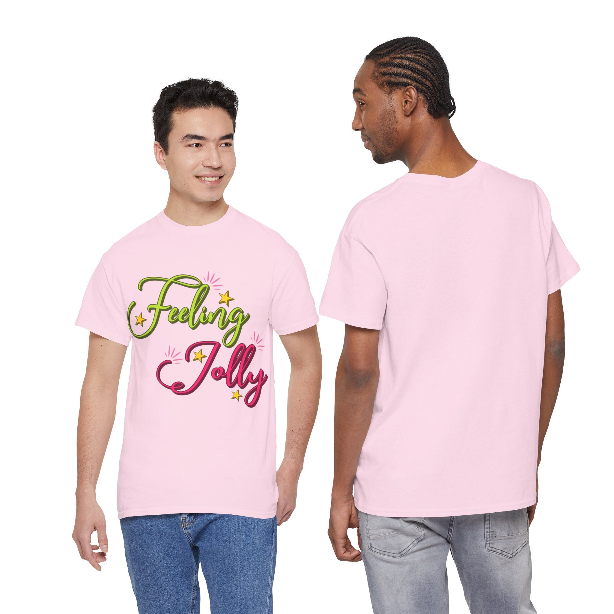 Feeling Jolly Tee — Festive Green & Pink Script with Yellow Stars Unisex Cotton Tee