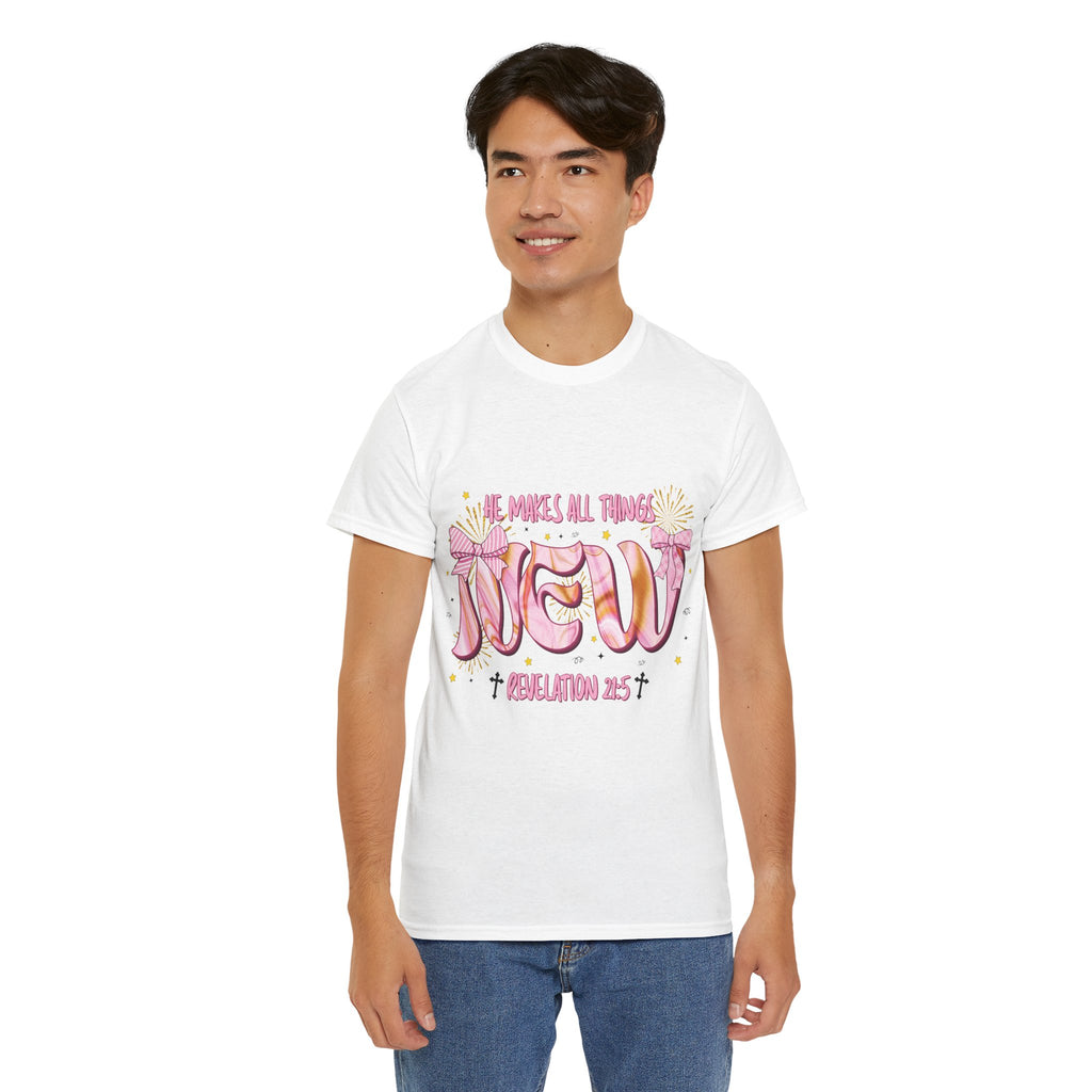 Christian Marble Tee — “He Makes All Things New” (Revelation 21:5)... Unisex Cotton Tee