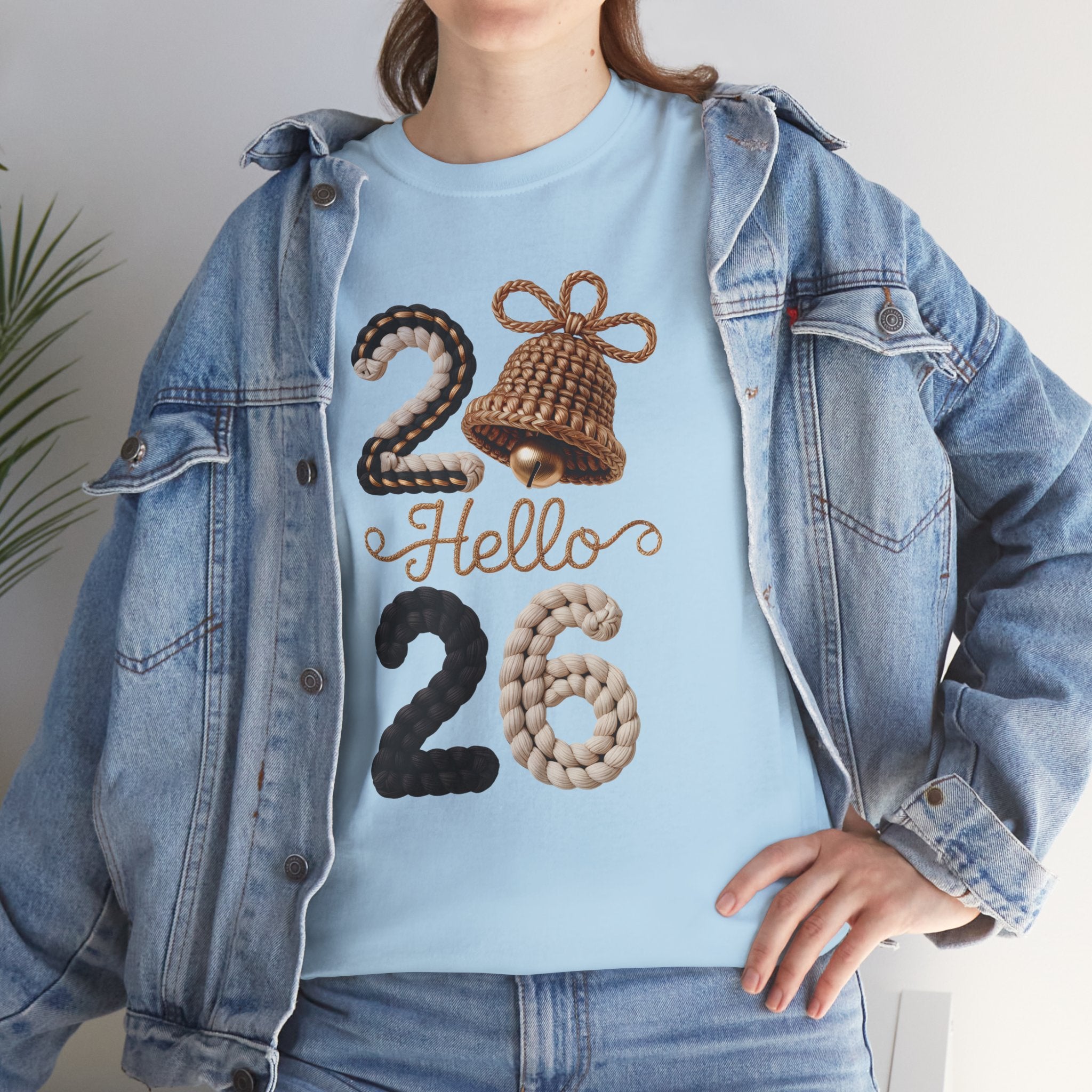 Hello 2026 Tee — Cozy Faux Yarn Braided Numbers with Woven Golden Bell..Unisex Cotton Tee