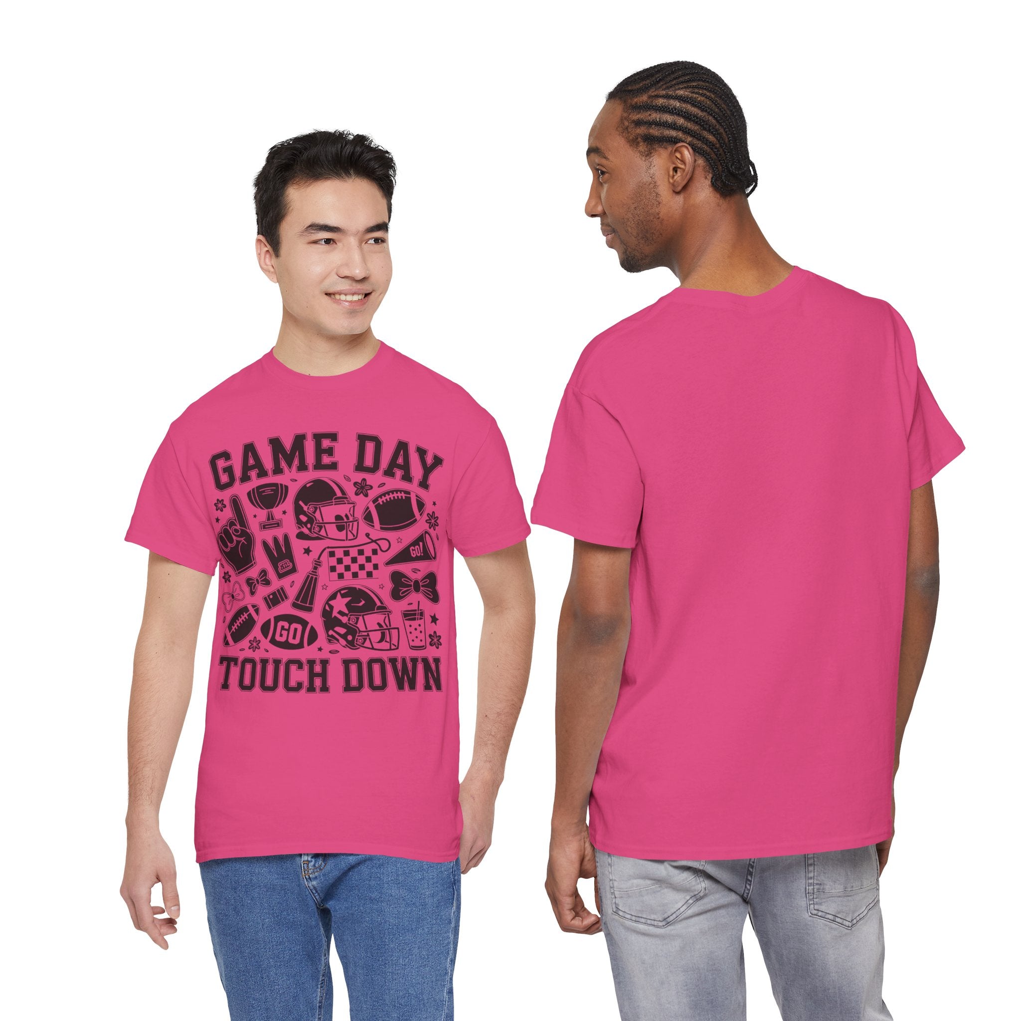 Game Day Touch Down Football T‑Shirt — Helmet & Cheer Monochrome Design Unisex Cotton Tee