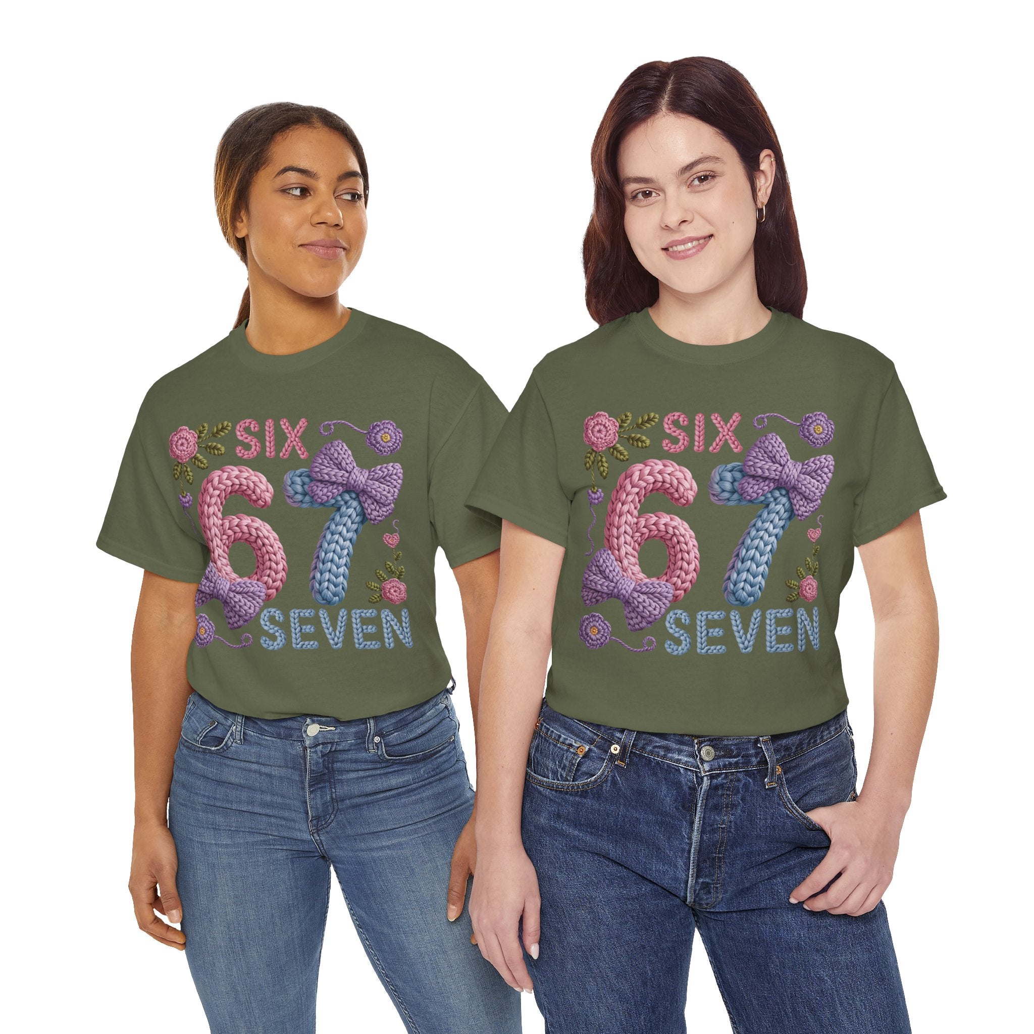 Pastel Crochet Numbers 6 & 7 Tee — Faux-Yarn Bows & Flowers. Unisex Cotton Tee
