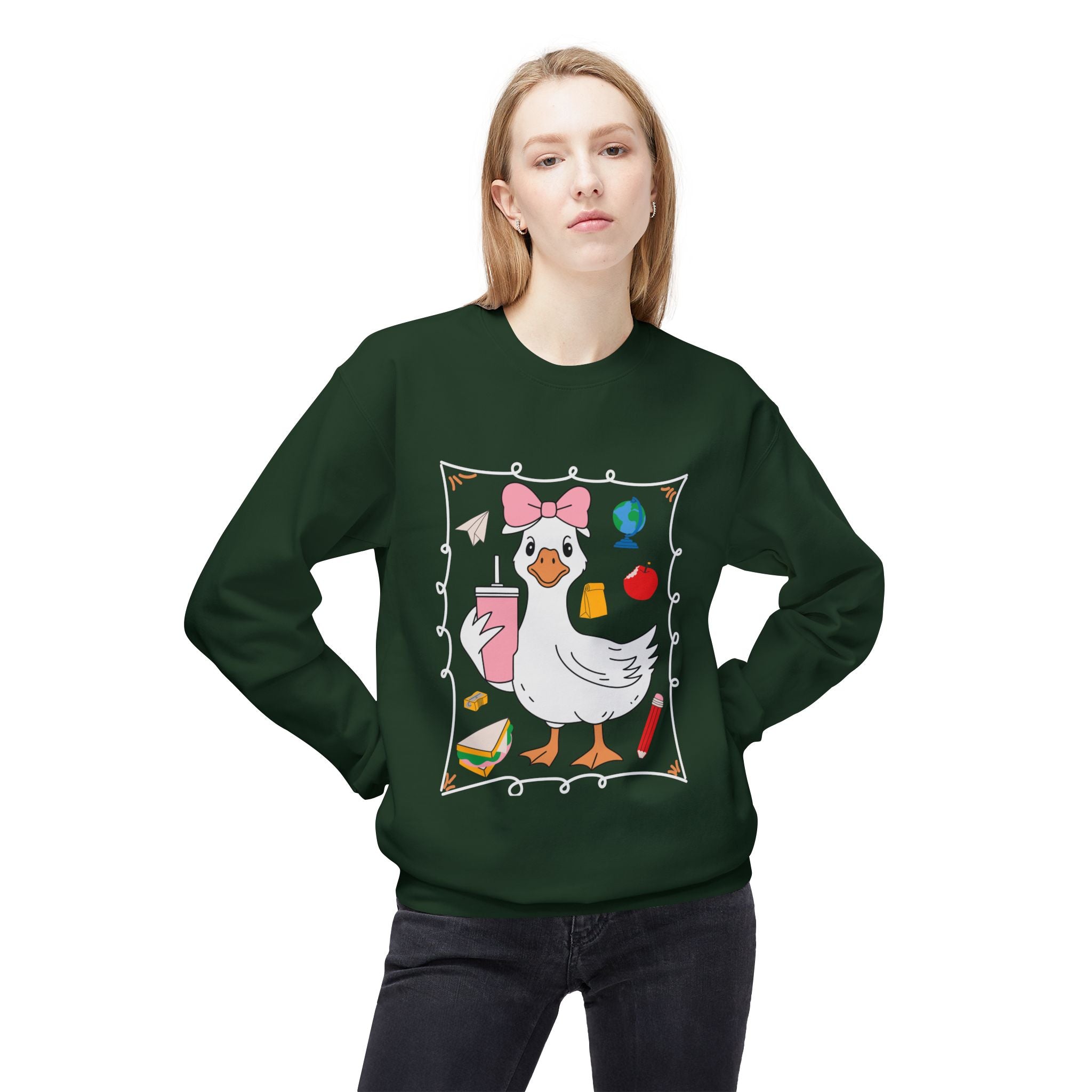 Cute Goose Drinking Fleece Crewneck Sweatshirt- Unisex