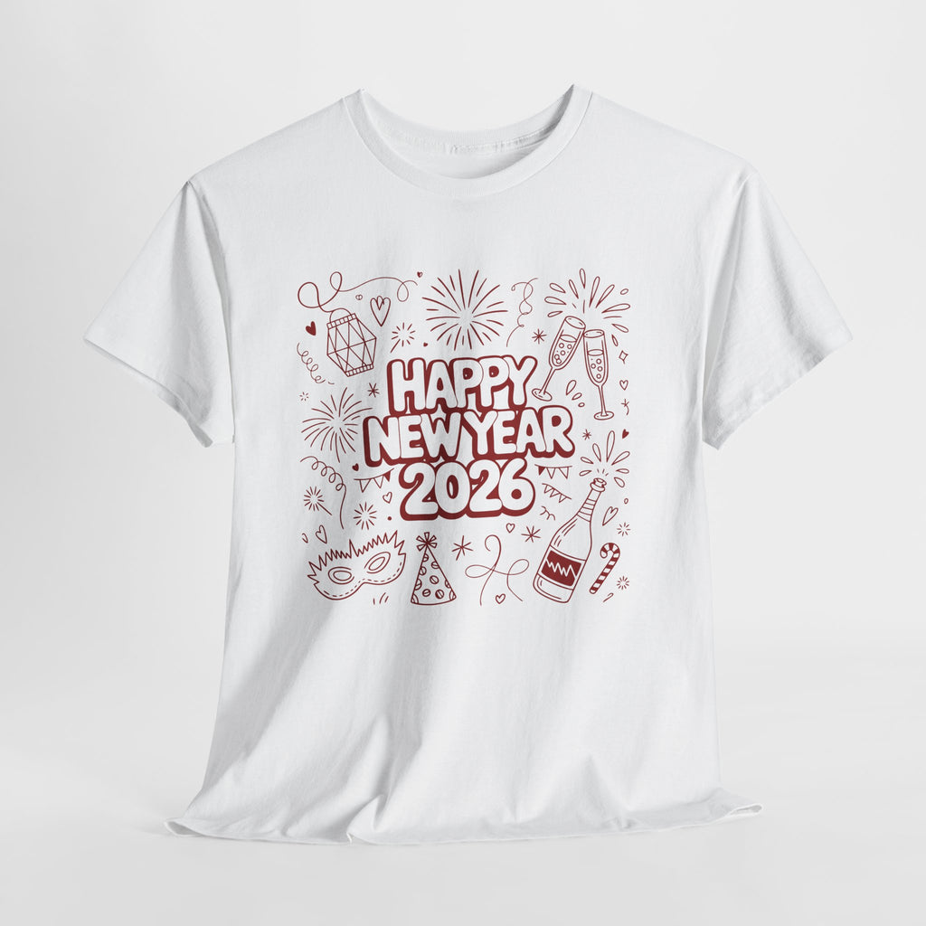Happy New Year 2026 Doodle T-Shirt — Pink Party Icons & Champagne Unisex Cotton Tee