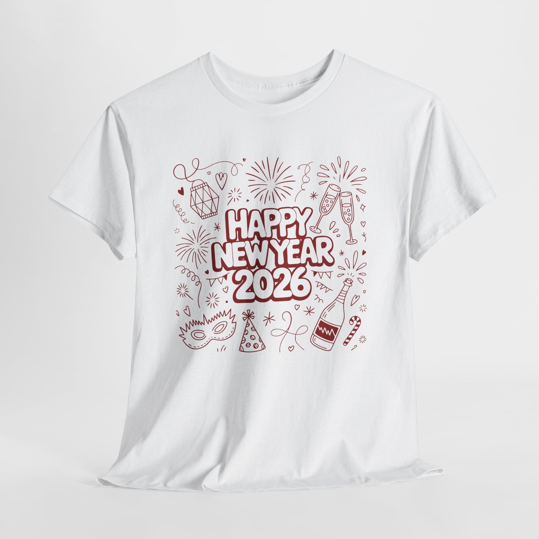Happy New Year 2026 Doodle T-Shirt — Pink Party Icons & Champagne Unisex Cotton Tee