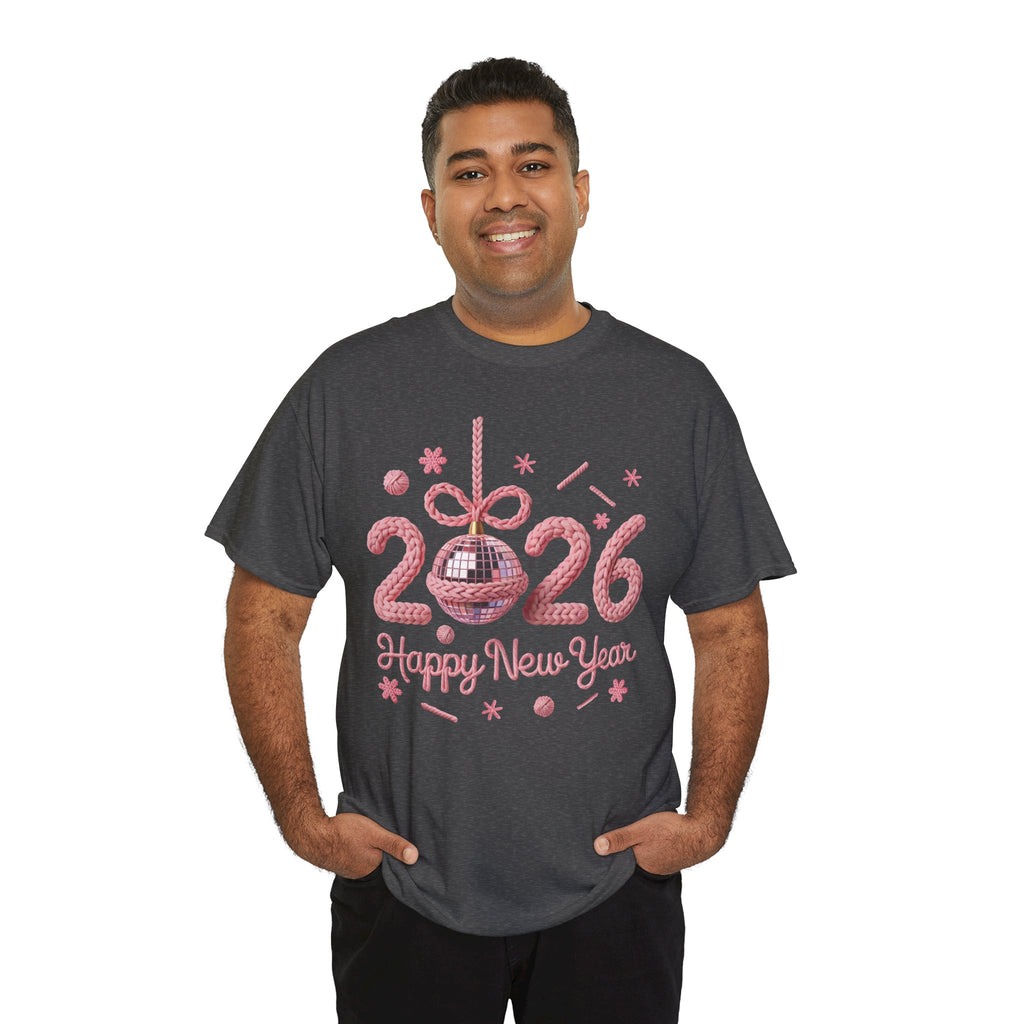 2026 Happy New Year Pink Knitted Disco Ball Unisex Cotton Tee
