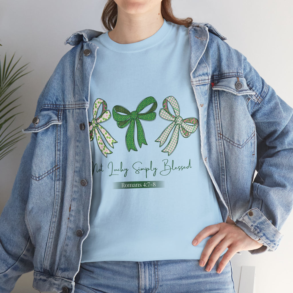 Not Lucky Simply Blessed Tee — Romans 4:7-8 Green Bow Christian Unisex Cotton T-Shirt