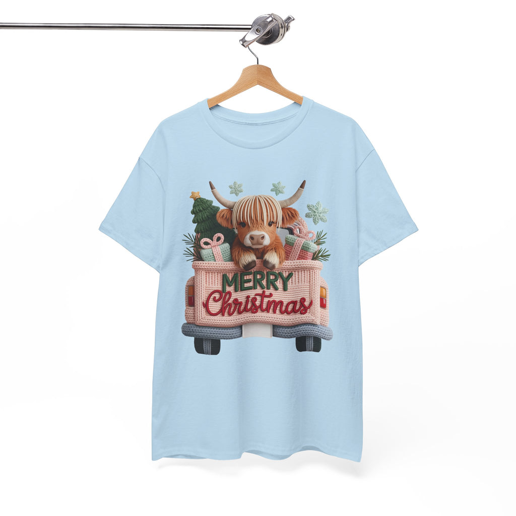 Merry Christmas Highland Cow Knit Truck Unisex Cotton T-Shirt