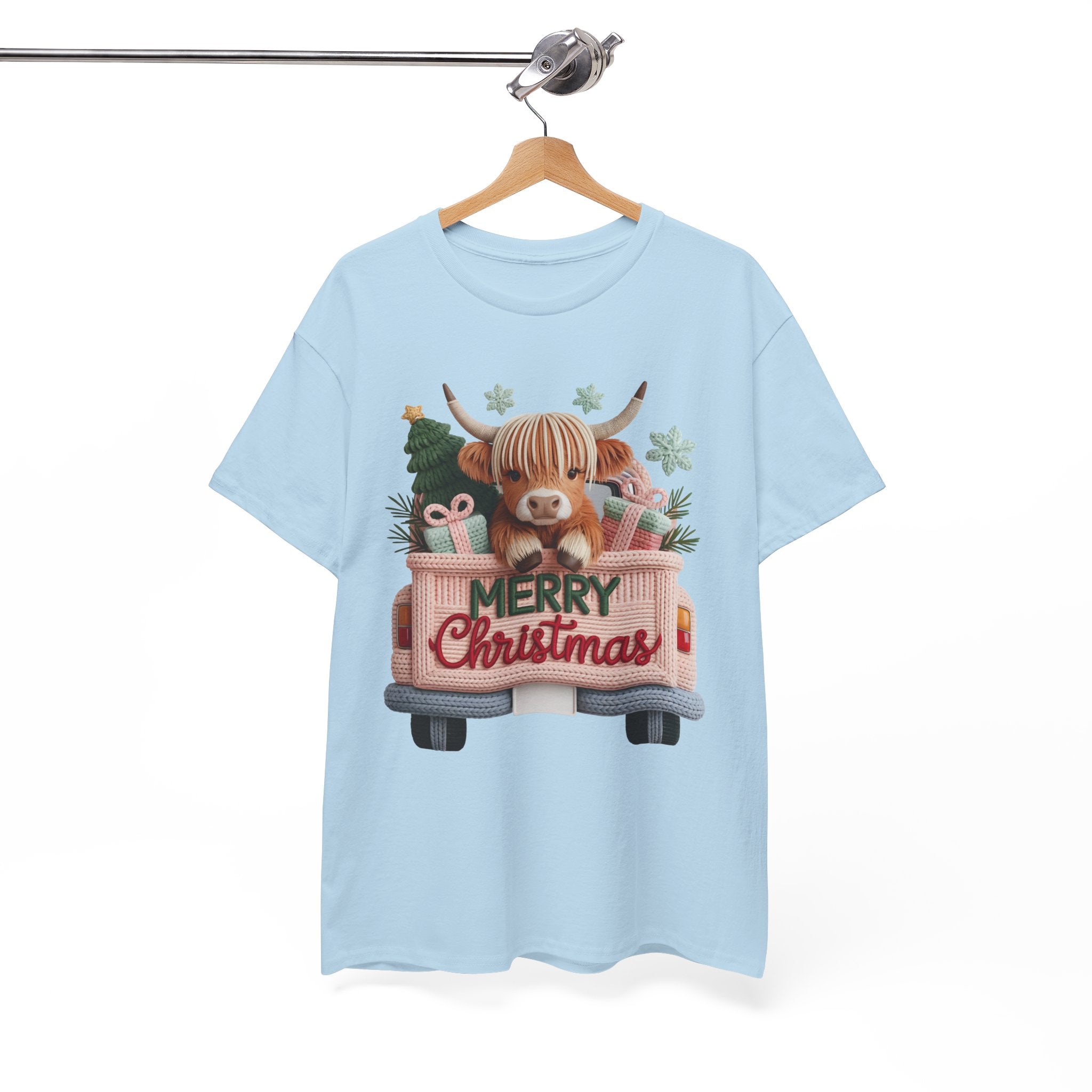 Merry Christmas Highland Cow Knit Truck Unisex Cotton T-Shirt